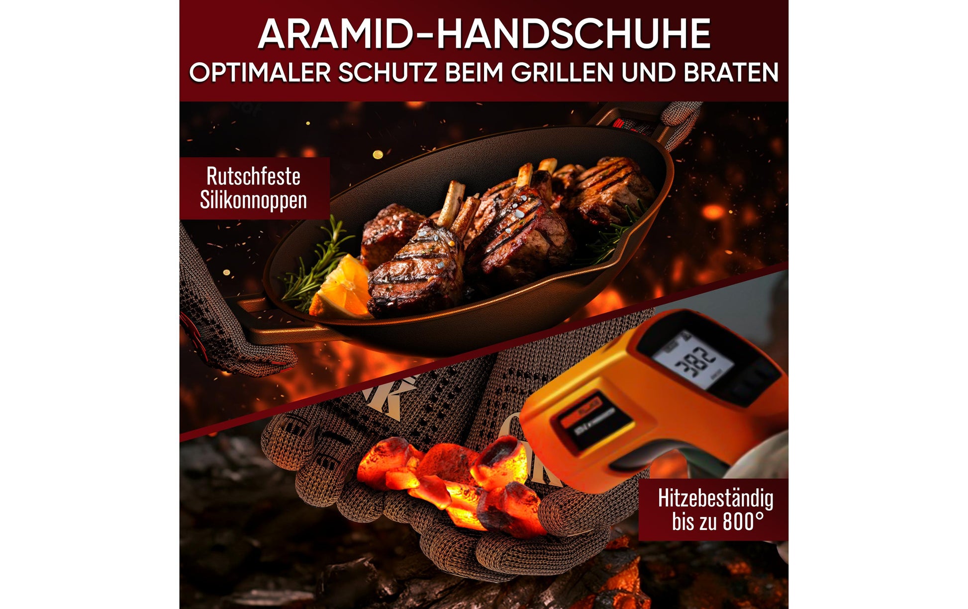 Gusskoenig Grillhandschuhe M, Silikon, Schwarz, hitzebeständig, für Grill, Pfannen und Töpfe