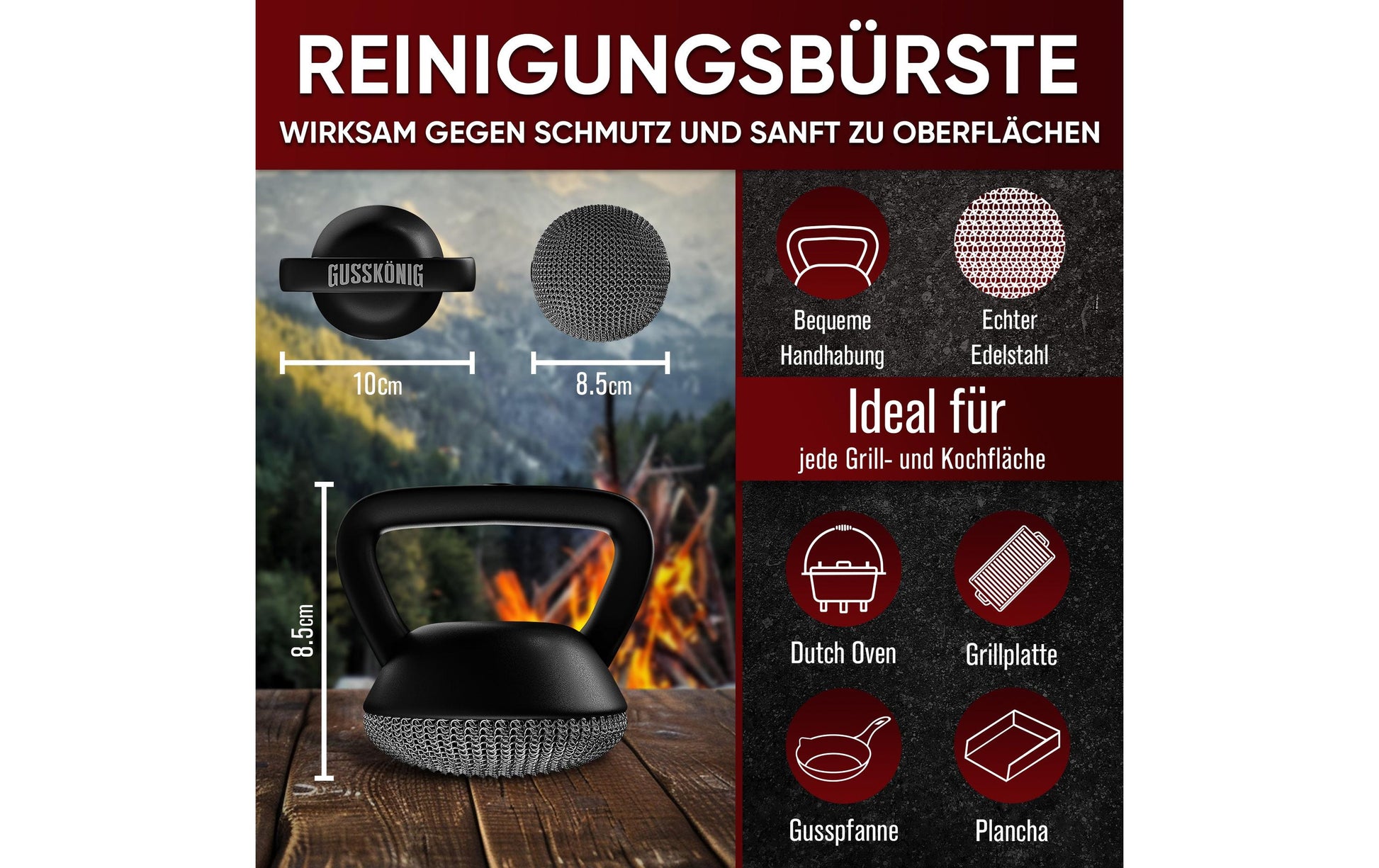 Gusskoenig Scheuerbürste – Edelstahl, Silikongriff, 9×10×9 cm, Silber, Grillbürste