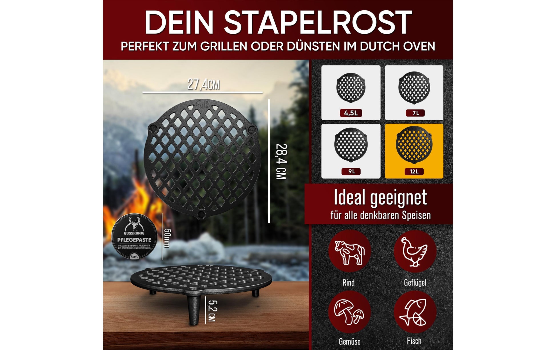 Gusskoenig Kochtopf – Gusseisen, für Dutch Oven 12 l, Schwarz