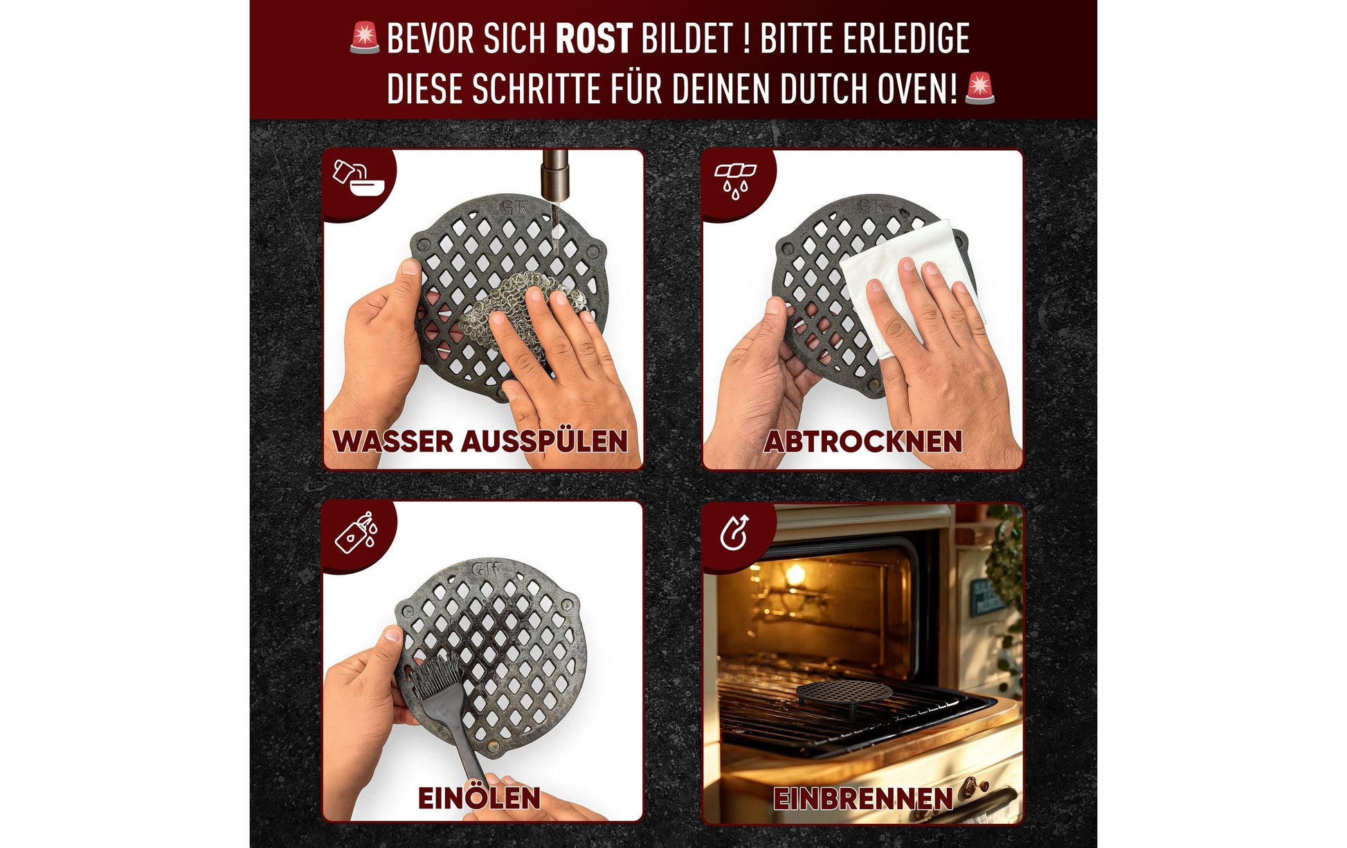 Gusskoenig Kochtopf – Gusseisen, für Dutch Oven 12 l, Schwarz