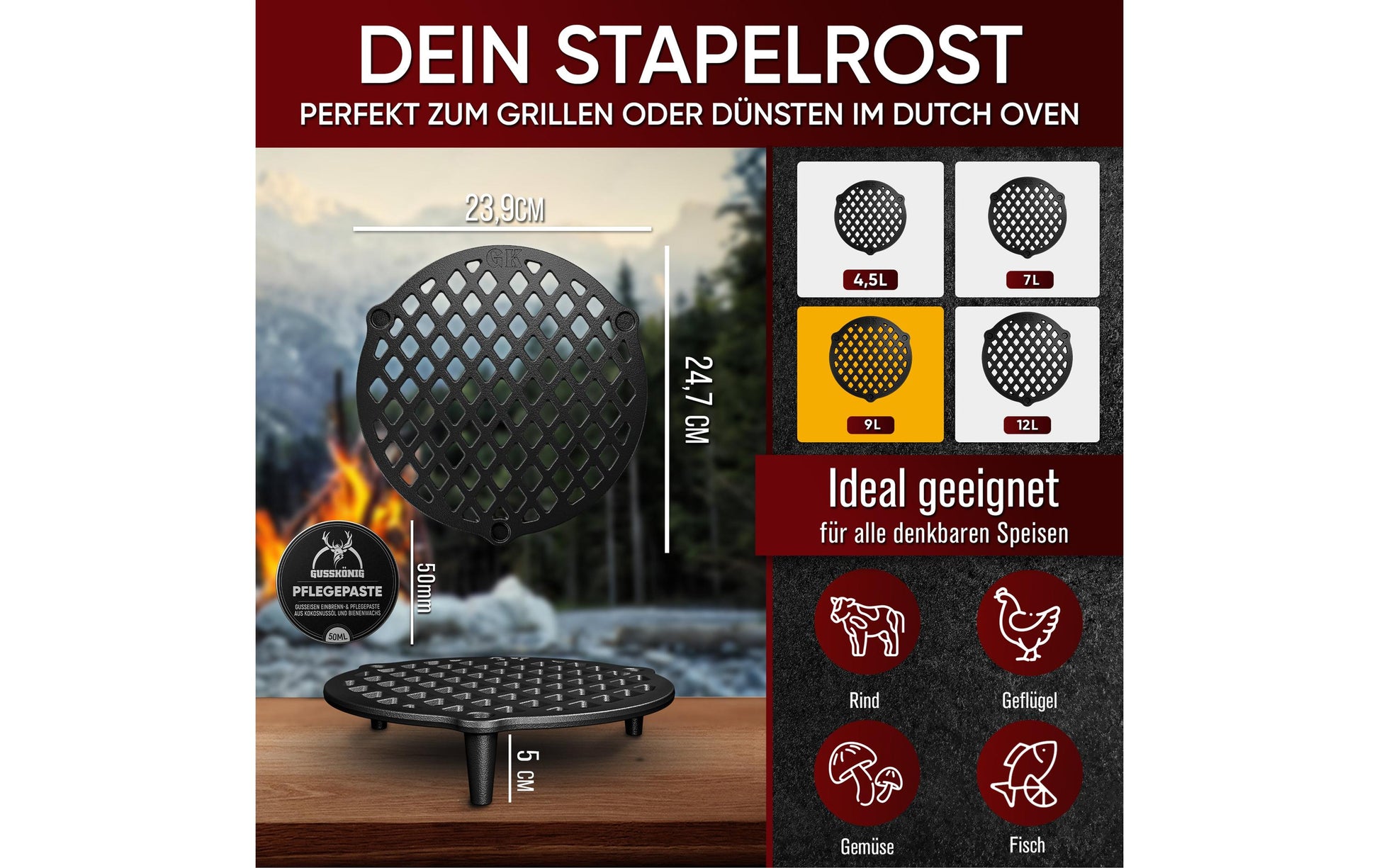 Gusskoenig Kochtopf – 9 l, Gusseisen, Schwarz