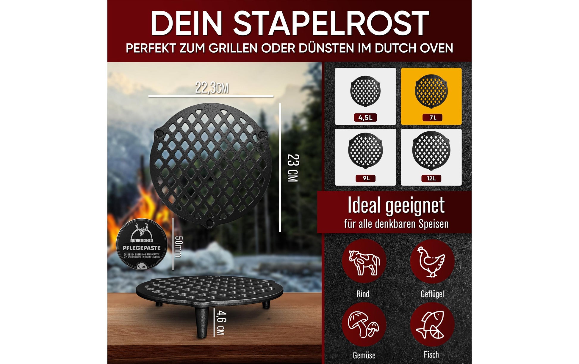 Gusskoenig Stapelrost Ø 23 × 4,6 cm, Gusseisen, schwarz