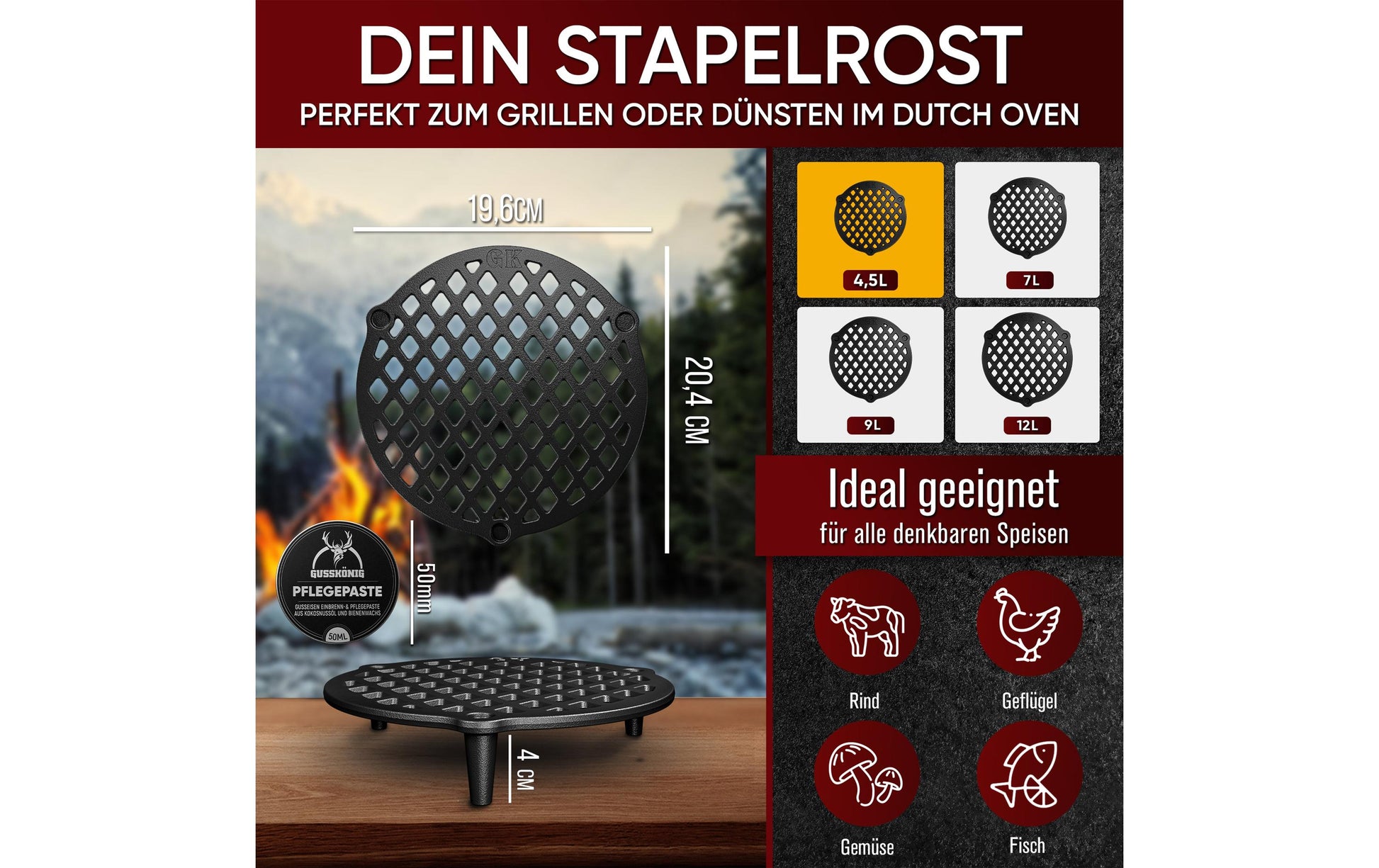 Gusskoenig Stapelrost für Dutch Oven 4,5 l, 4,6 × 20,5 cm, Gusseisen, schwarz