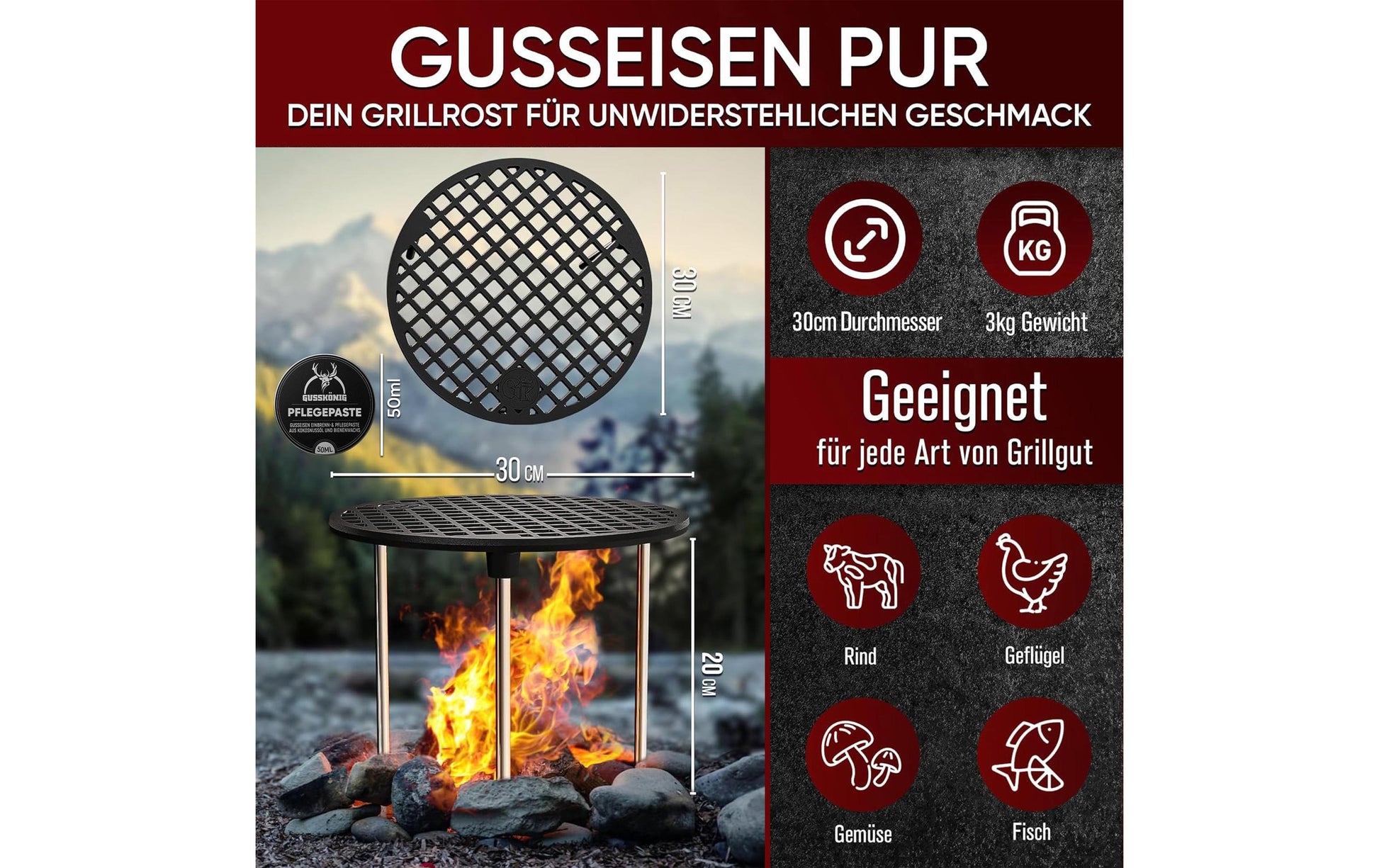 Gusskoenig Grillrost Ø 20 × 30 cm, Gusseisen, schwarz, mit Beinen