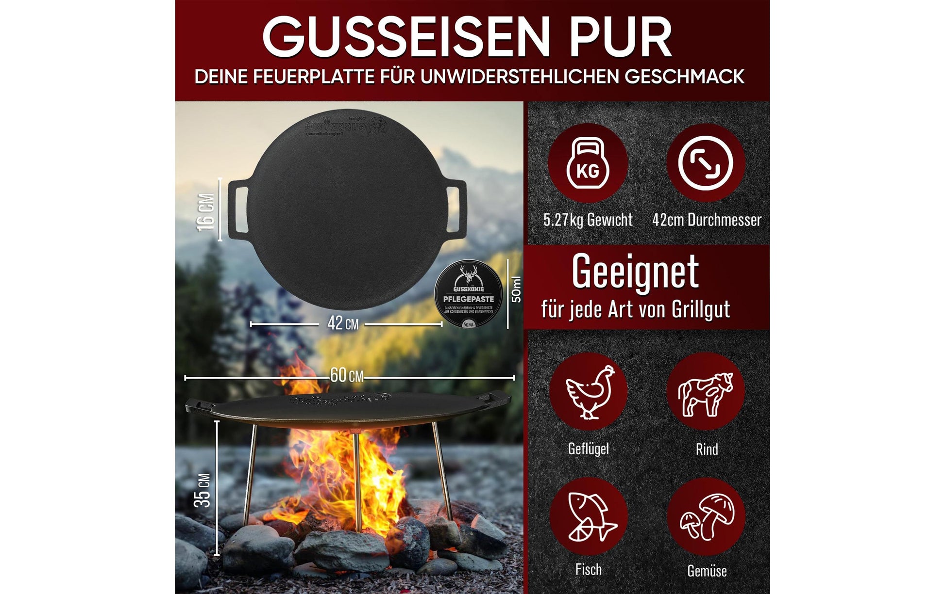 Gusskoenig Fonduepfanne – Ø 42 cm, Gusseisen, Schwarz