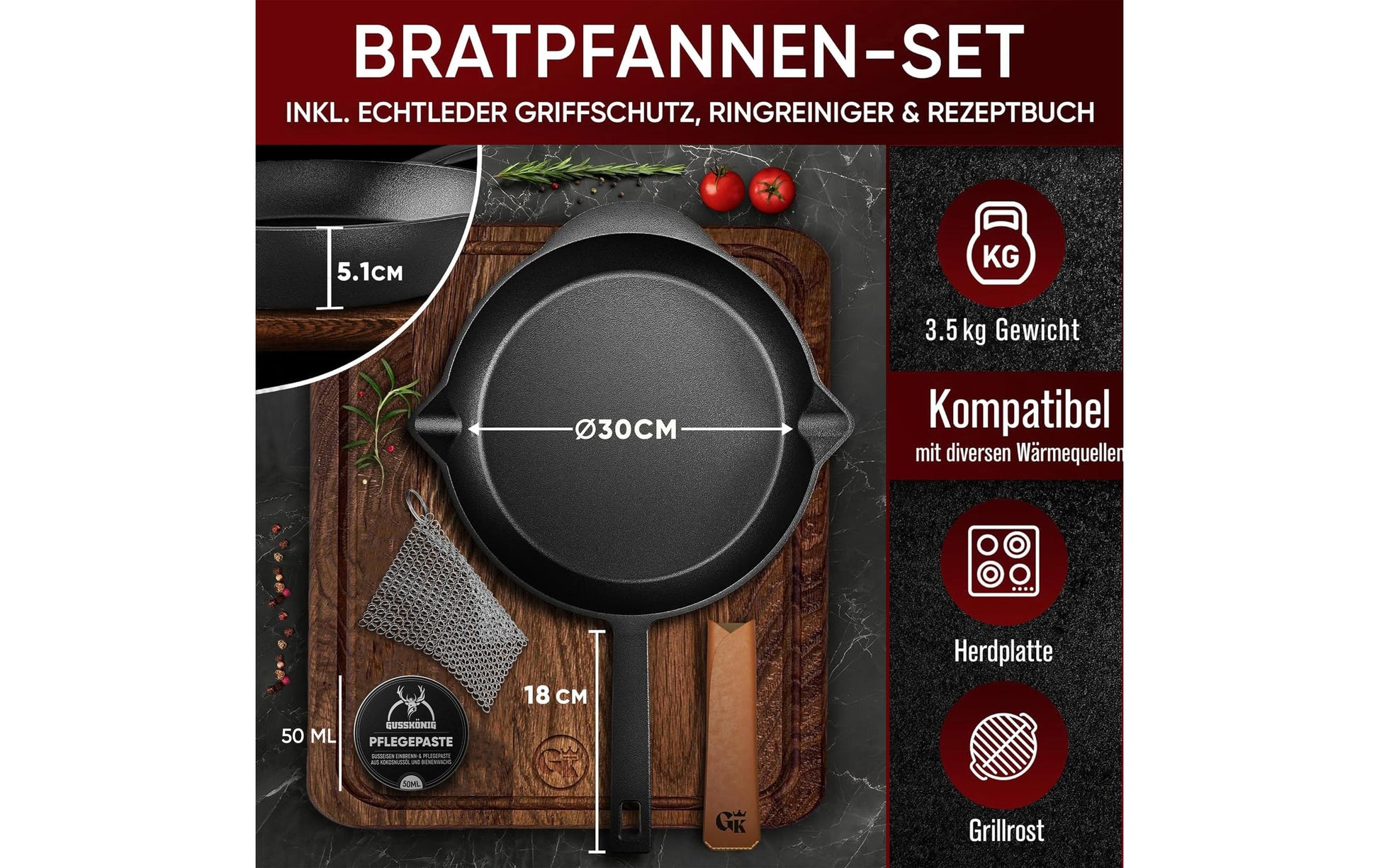 Gusskoenig Fonduepfanne – Ø 30 cm, Gusseisen, Schwarz