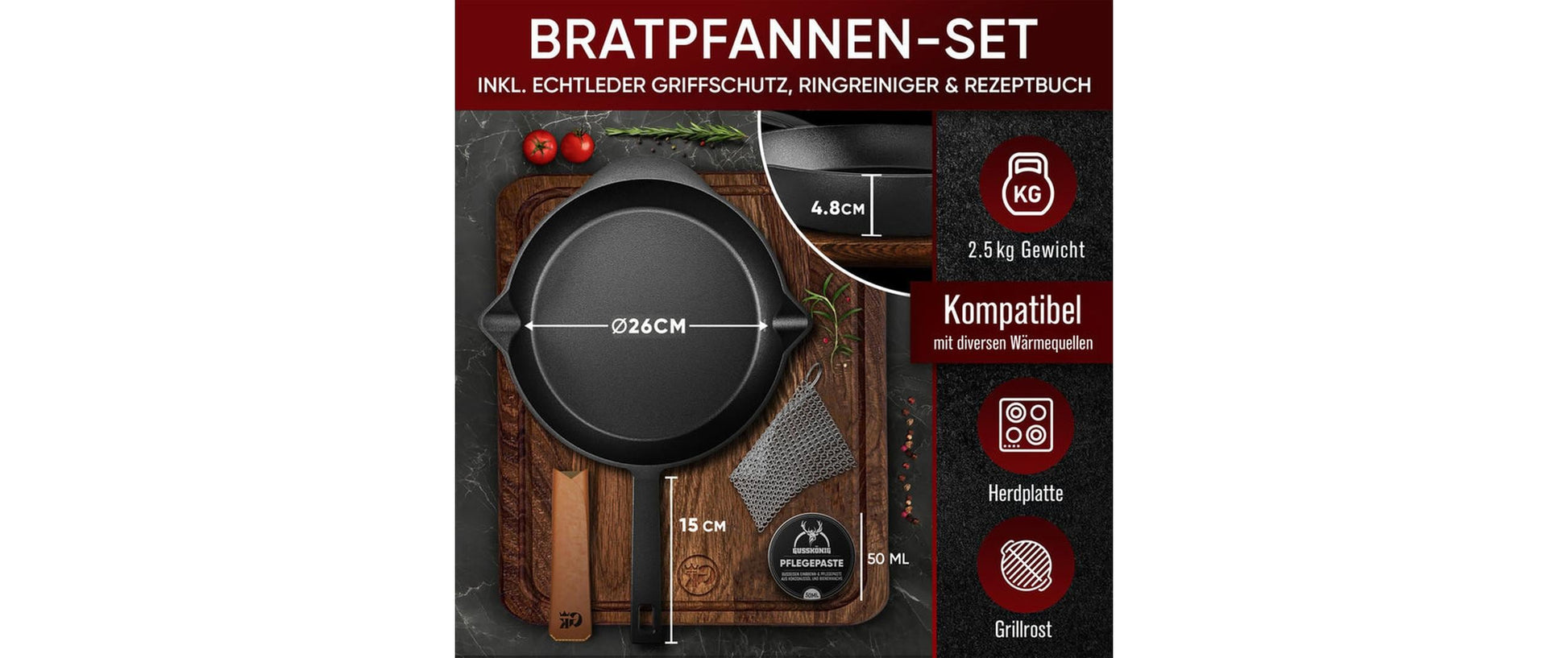Gusskoenig Fonduepfanne – Ø 26 cm, Gusseisen, Schwarz