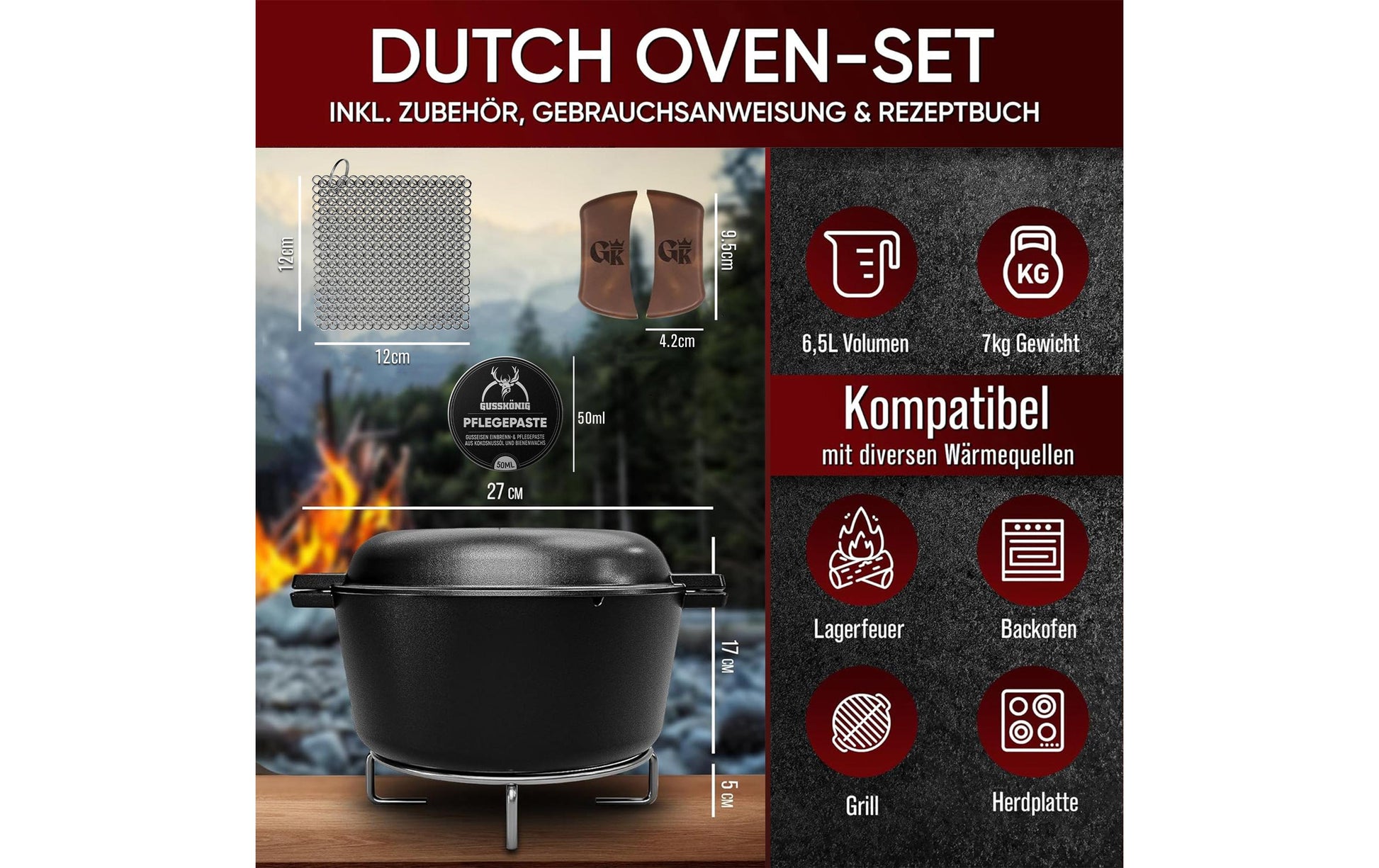 Gusskoenig Kochtopf – 4,8 l & 1,8 l, Gusseisen, Schwarz