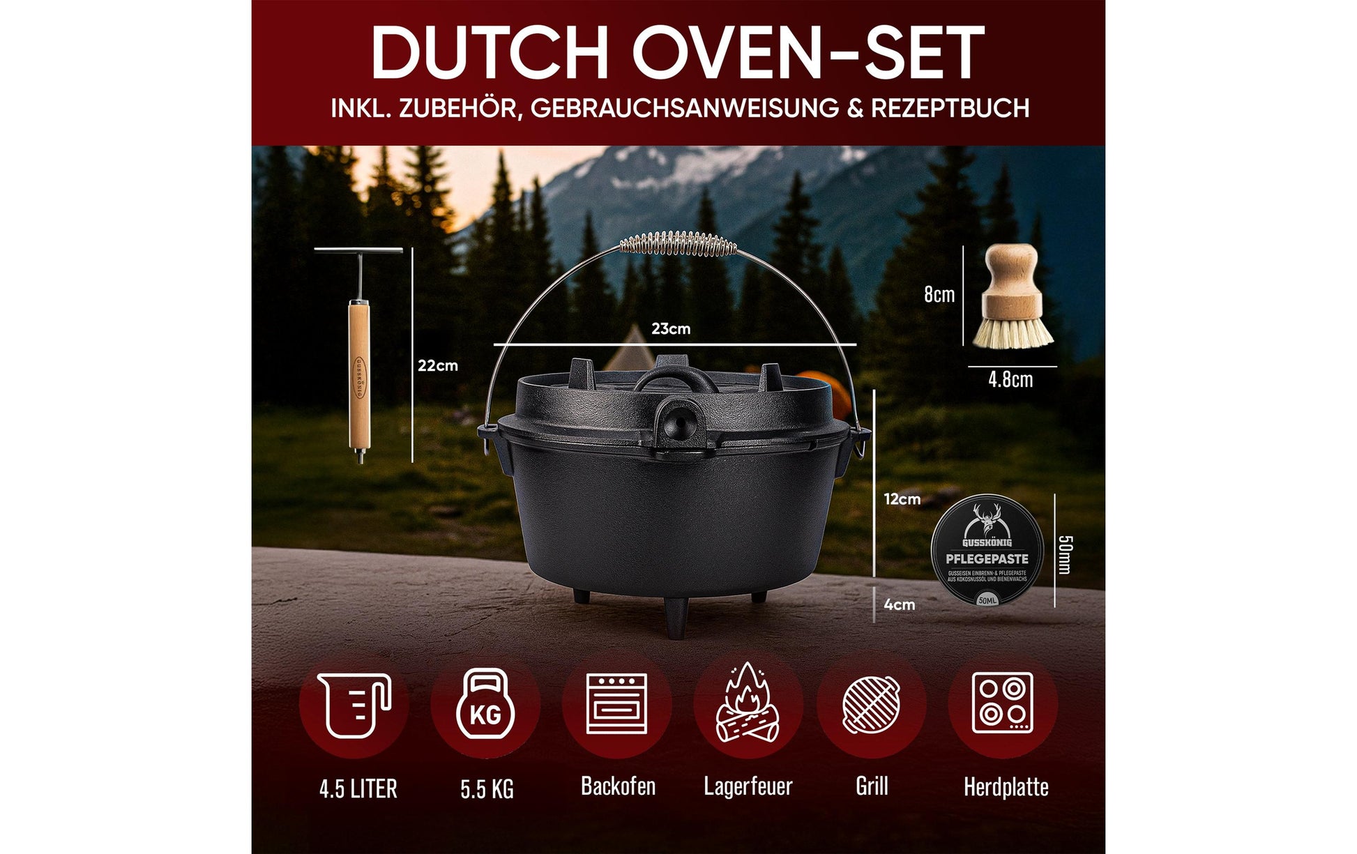 Gusskoenig Kochtopf – 4,5 l, Ø 20,7 cm, Gusseisen, Schwarz
