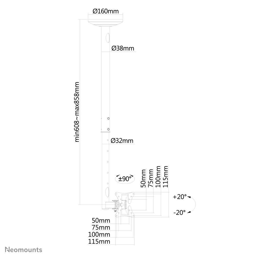 Neomounts Deckenhalterung – 10–30" – VESA 50×50–100×100 – bis 20 kg, höhenverstellbar, neigbar – Silber