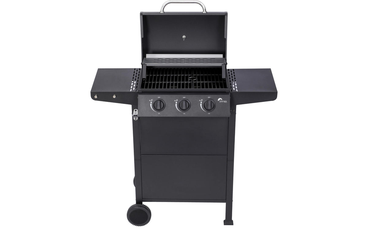 Ohmex Gasgrill mit 3 Seitentischen – 3 Brenner, 1727 cm², 7,5 kW – Schwarz/Edelstahl