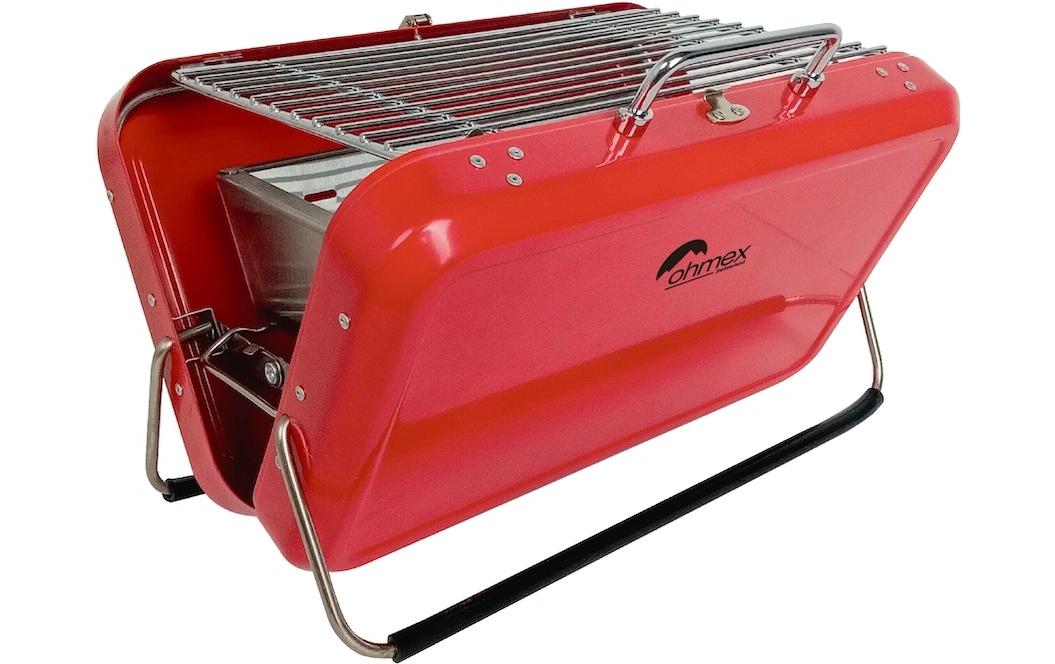 Ohmex Tragbarer Holzkohlegrill – 31,1 × 22,2 × 21 cm, Edelstahl, 2 kg – rot