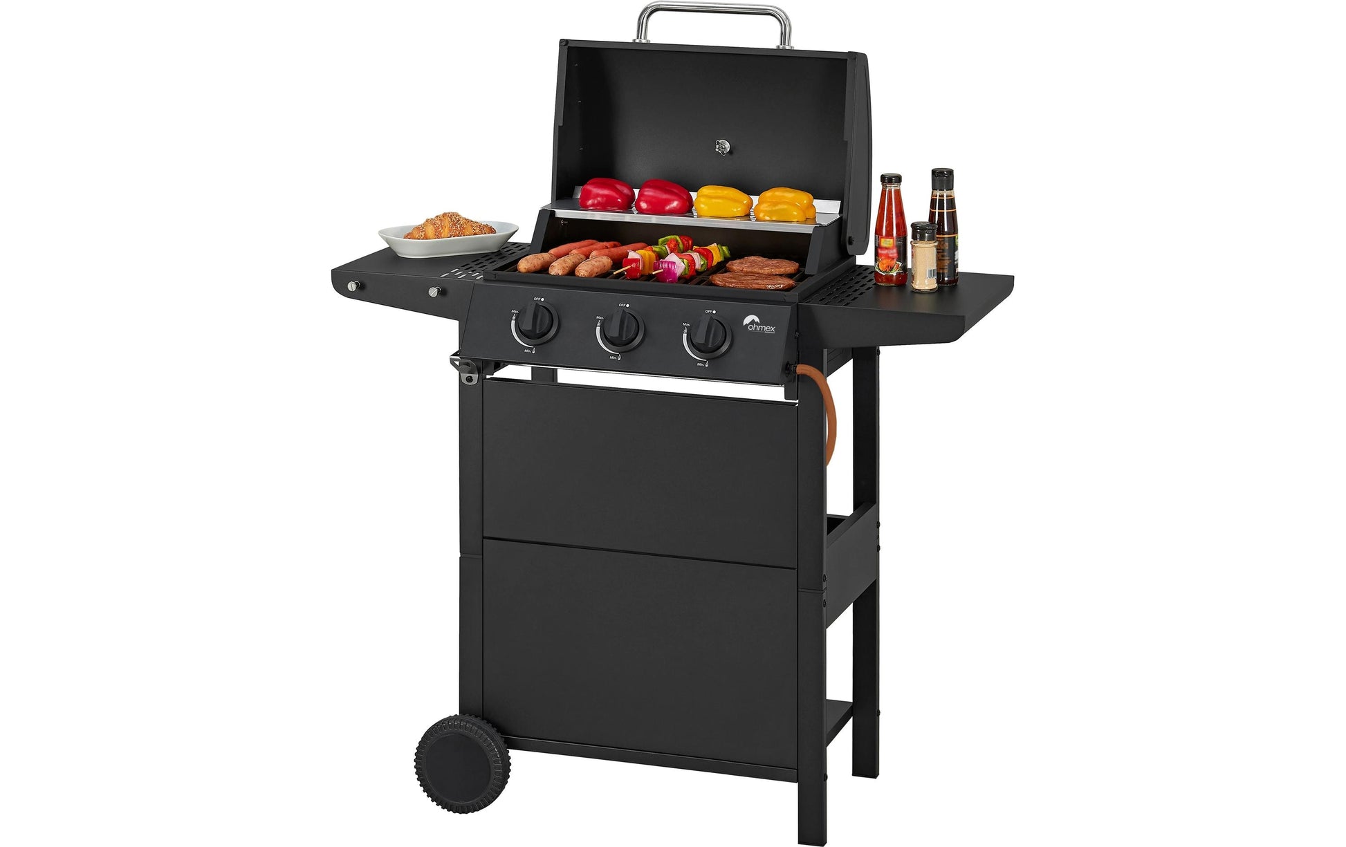 Ohmex Gasgrill mit 3 Seitentischen – 3 Brenner, 1727 cm², 7,5 kW – Schwarz/Edelstahl