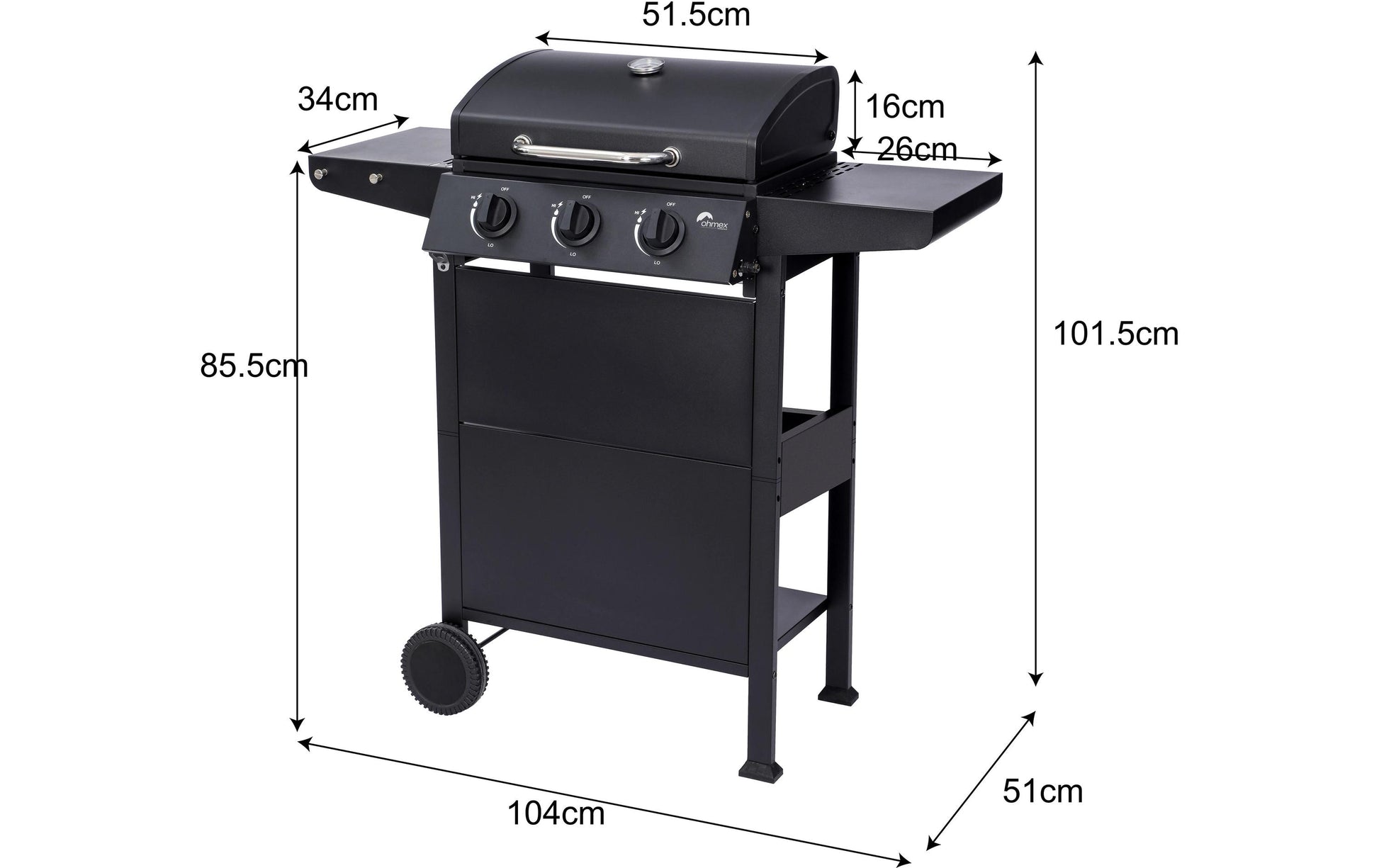 Ohmex Gasgrill mit 3 Seitentischen – 3 Brenner, 1727 cm², 7,5 kW – Schwarz/Edelstahl