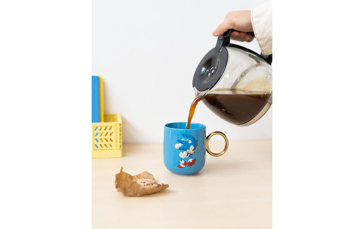 Grupo erik Sonic 3D Kaffeebecher – 350 ml, Ø 8 cm, H 9,5 cm, Keramik, Blau/Gold, hitzebeständig
