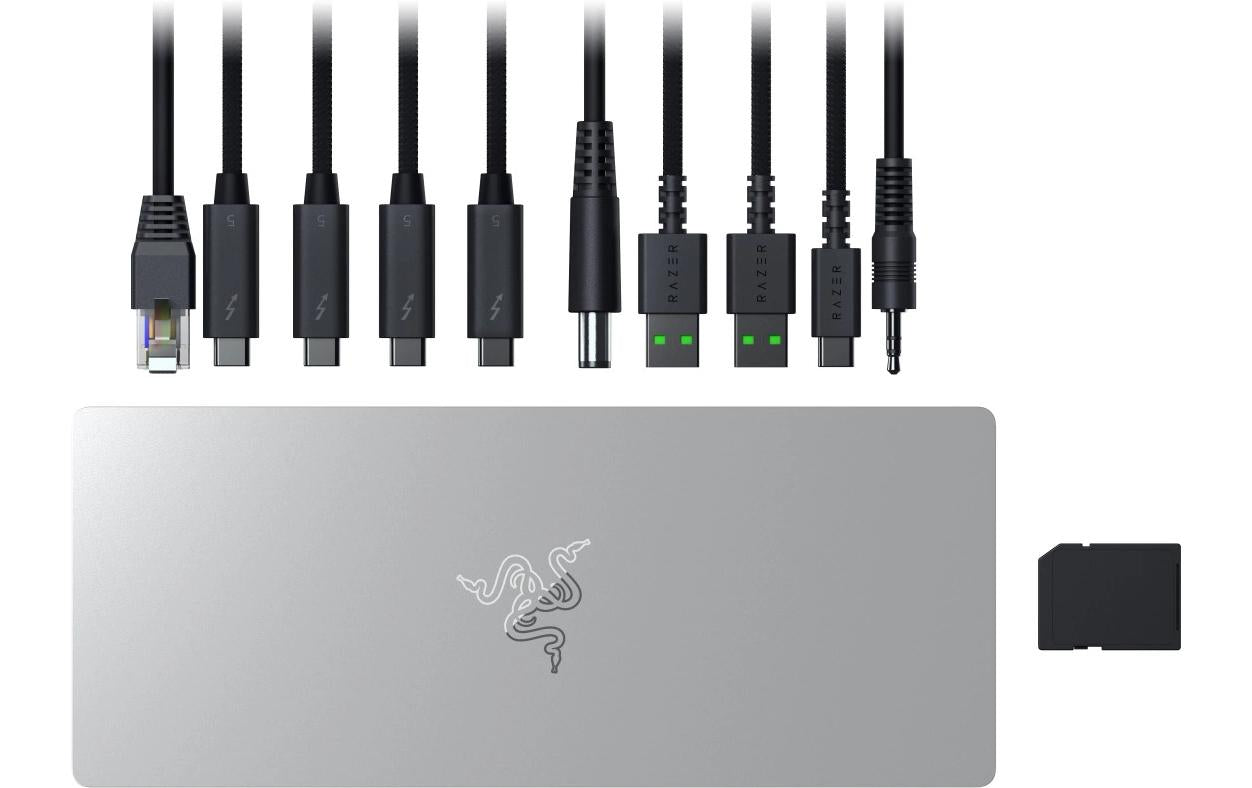 Razer Dockingstation – Thunderbolt 5, TB5 × 4, 3× DP, 2× USB-A, 1× USB-C, 140 W PD, GbE, SD, 3,5 mm, für TB4/U