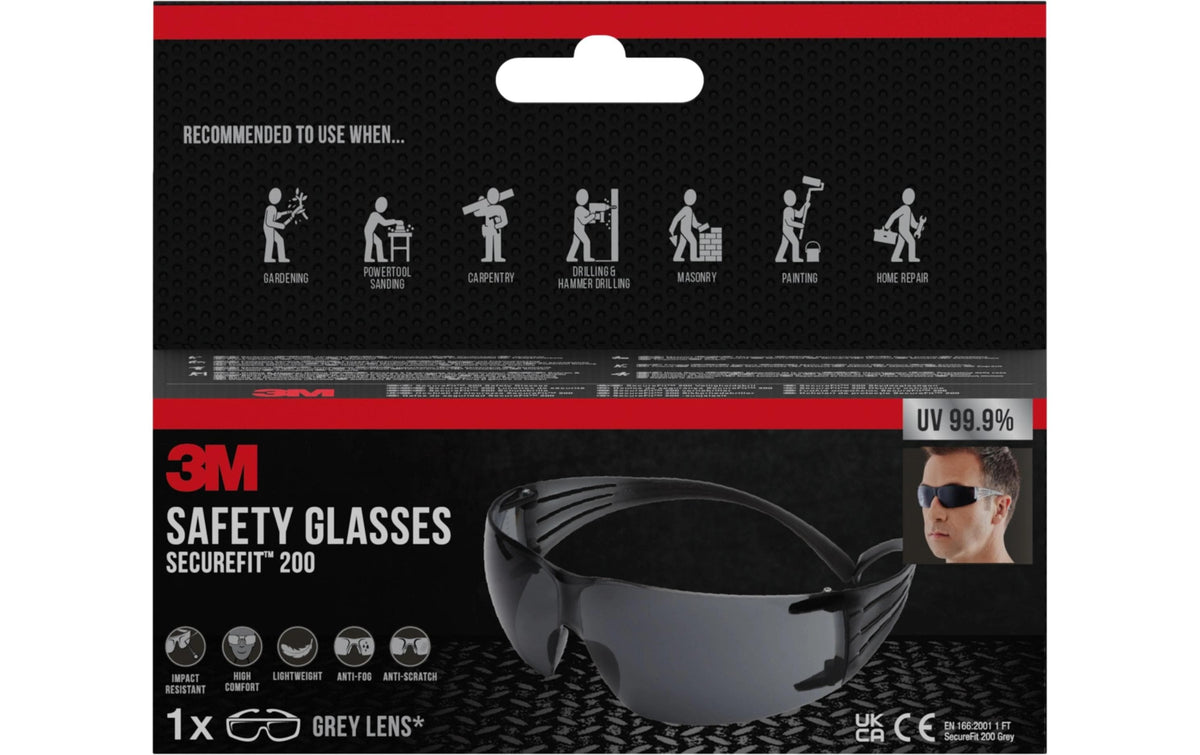 3M Schutzbrille SecureFit 200 – Grau, beschlagfrei, kratzfest, UV-Schutz