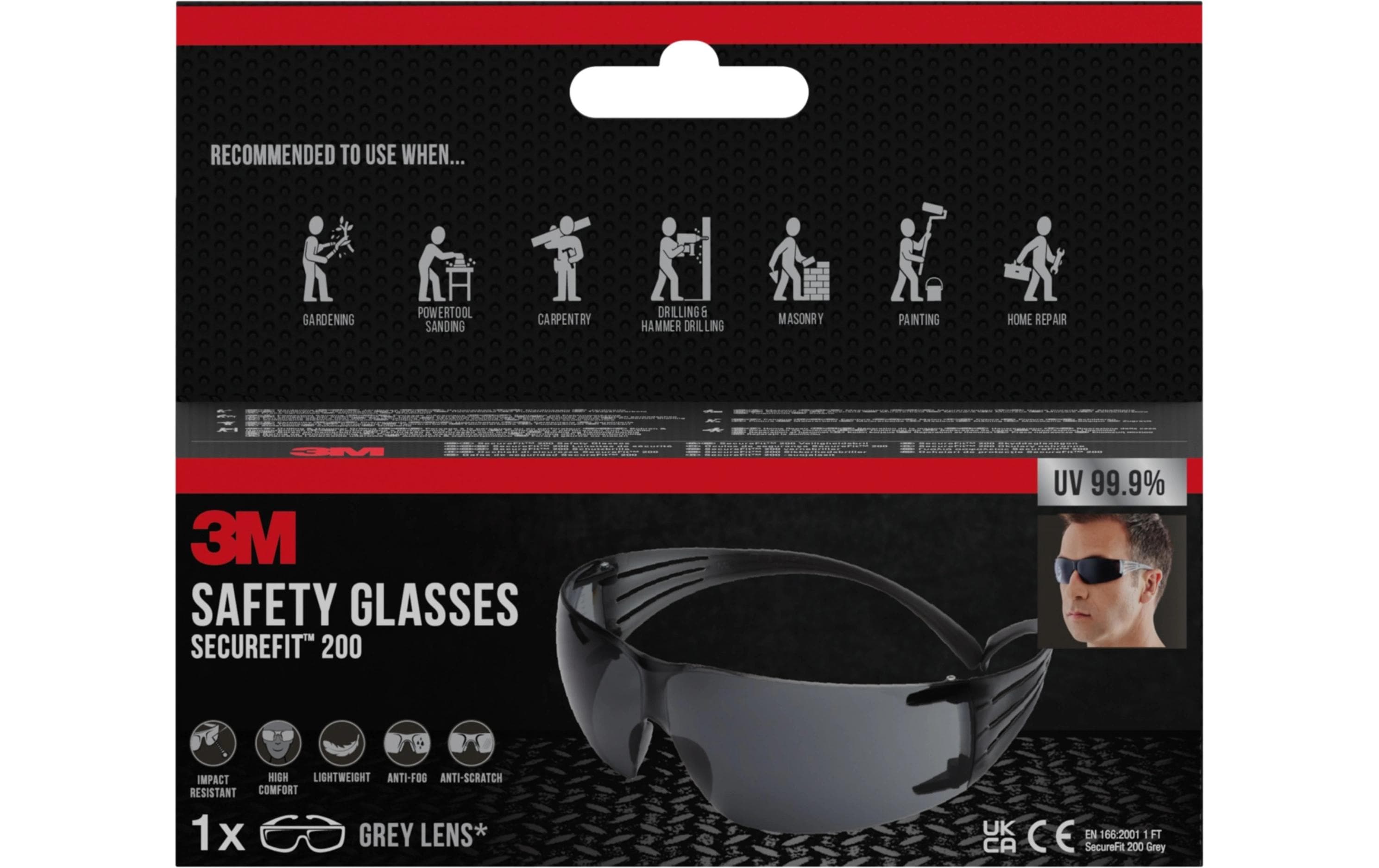 3M Schutzbrille SecureFit 200 – Grau, beschlagfrei, kratzfest, UV-Schutz