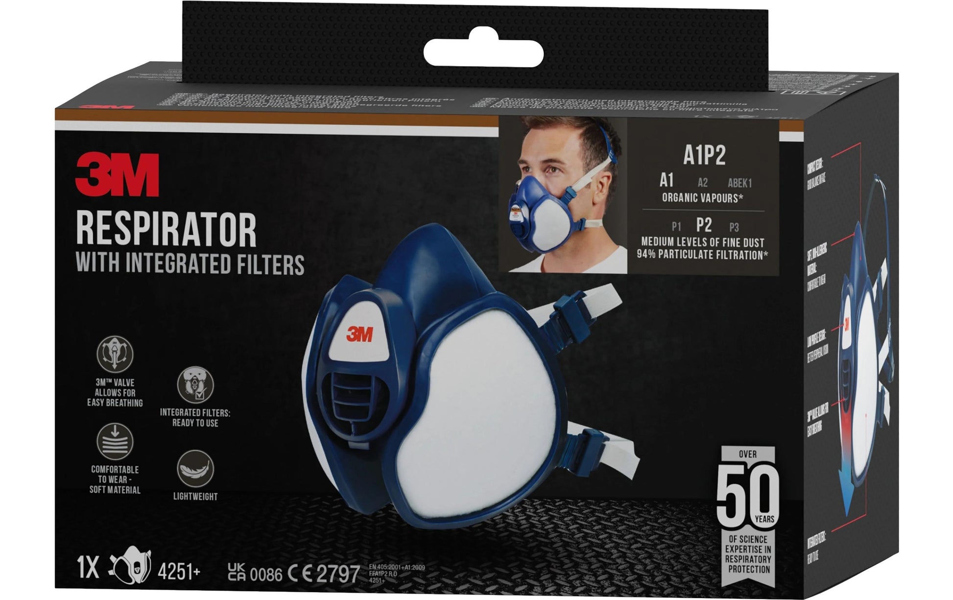 3M Atemschutzmaske A1/P2 – mit Ventil, Einheitsgrösse, Blau – 1 Stück