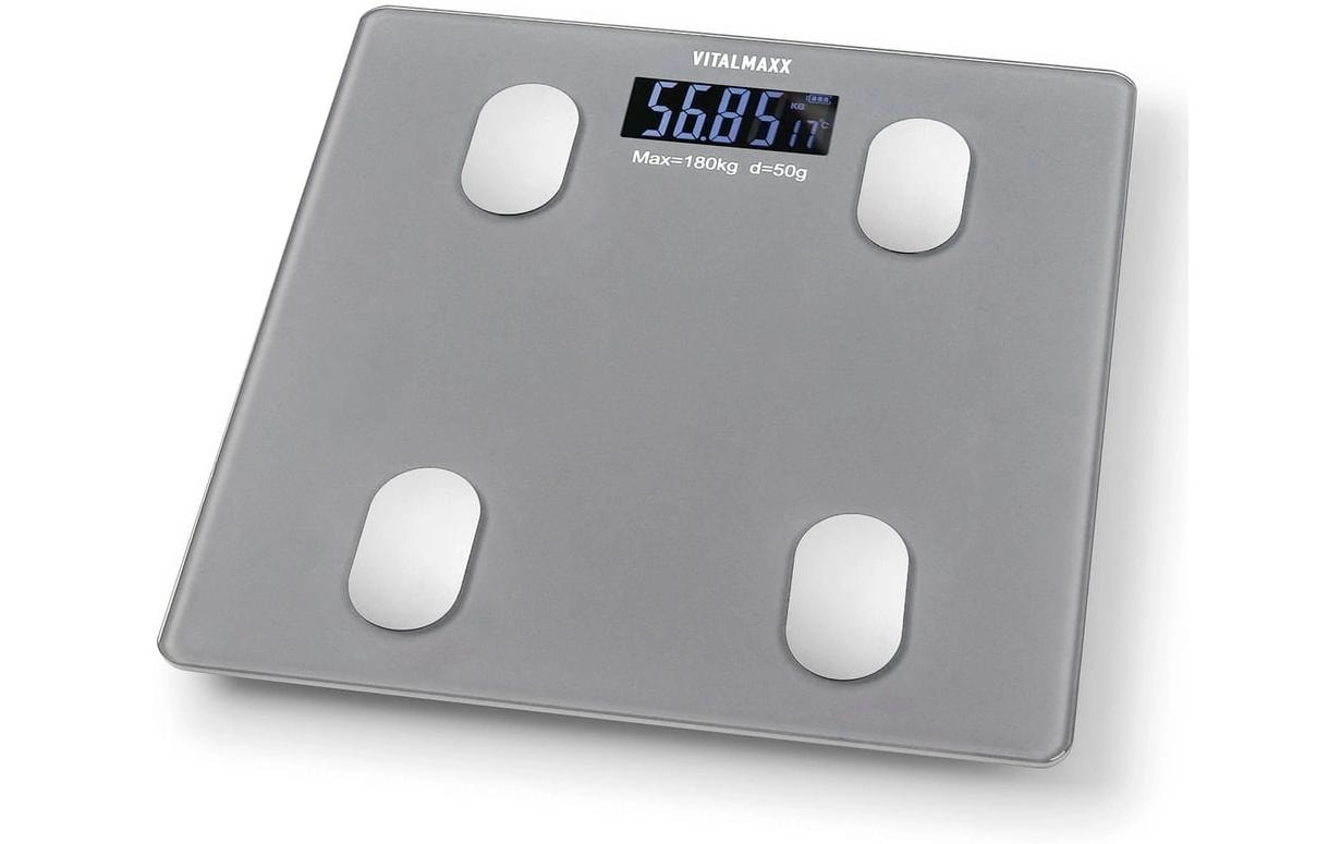 Vitalmaxx Paketwaage – Tragkraft 180 kg, Wiegefläche 28 × 28 cm, Batterie, Grau