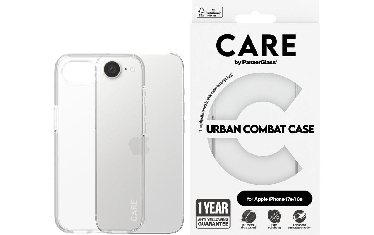 Care Urban Combat Rugged-Case – für Apple iPhone 16e/17e, Kunststoff, Transparent, bis 3,6 m sturzsicher
