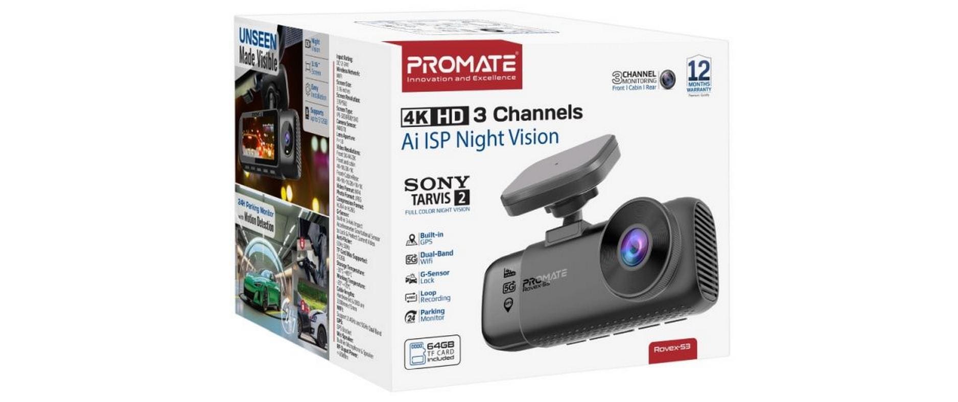 Promate Rovex-S3 – Dashcam, 4K, GPS, WLAN, Rückfahrkamera