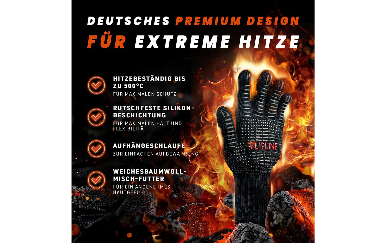 Flipline Grillhandschuhe L, Baumwolle/Silikon, Schwarz, für Grill