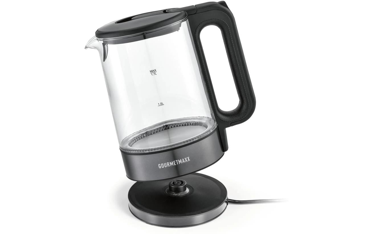 GOURMETmaxx Wasserkocher – 1,7 l, Glas, Kunststoff, 2200 W, Grau, Transparent, 360°-Sockel