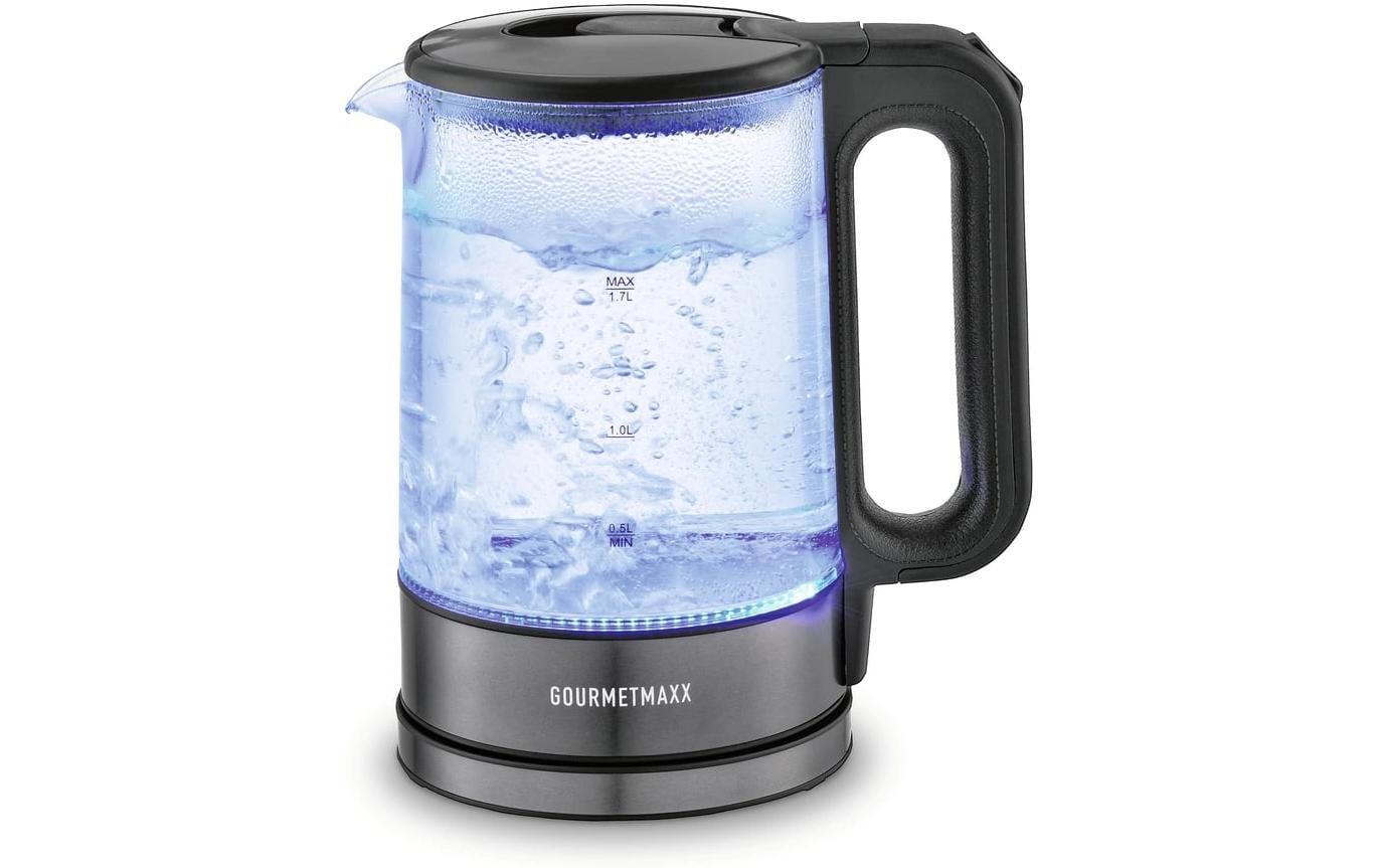 GOURMETmaxx Wasserkocher – 1,7 l, Glas, Kunststoff, 2200 W, Grau, Transparent, 360°-Sockel
