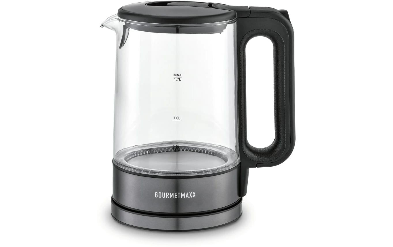 GOURMETmaxx Wasserkocher – 1,7 l, Glas, Kunststoff, 2200 W, Grau, Transparent, 360°-Sockel