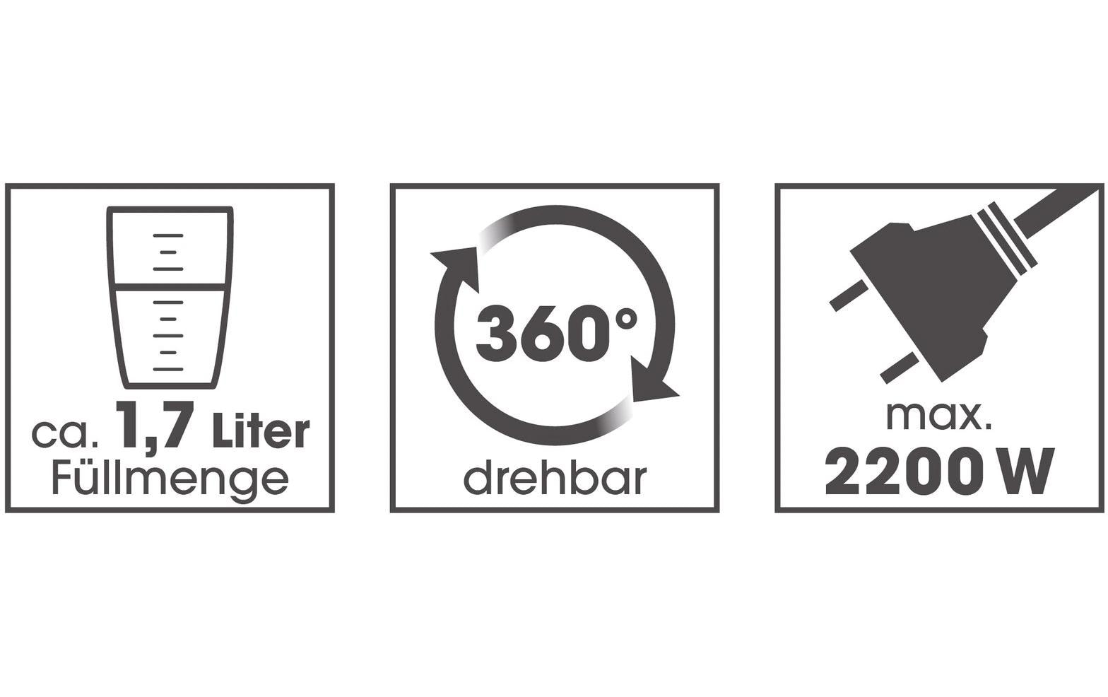 GOURMETmaxx Wasserkocher – 1,7 l, Glas, Kunststoff, 2200 W, Grau, Transparent, 360°-Sockel