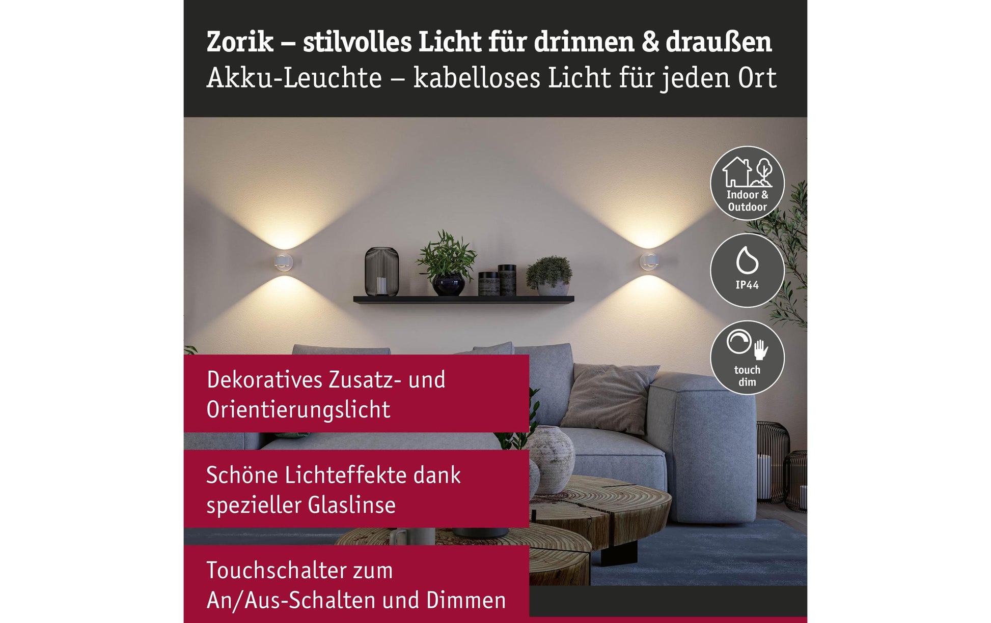 Paulmann Akku-Wandleuchte – Ø 10 × 10 cm, 220 lm, 2,2 W, 2700 K, dimmbar, IP44, weiss, Touch, Magnet, USB