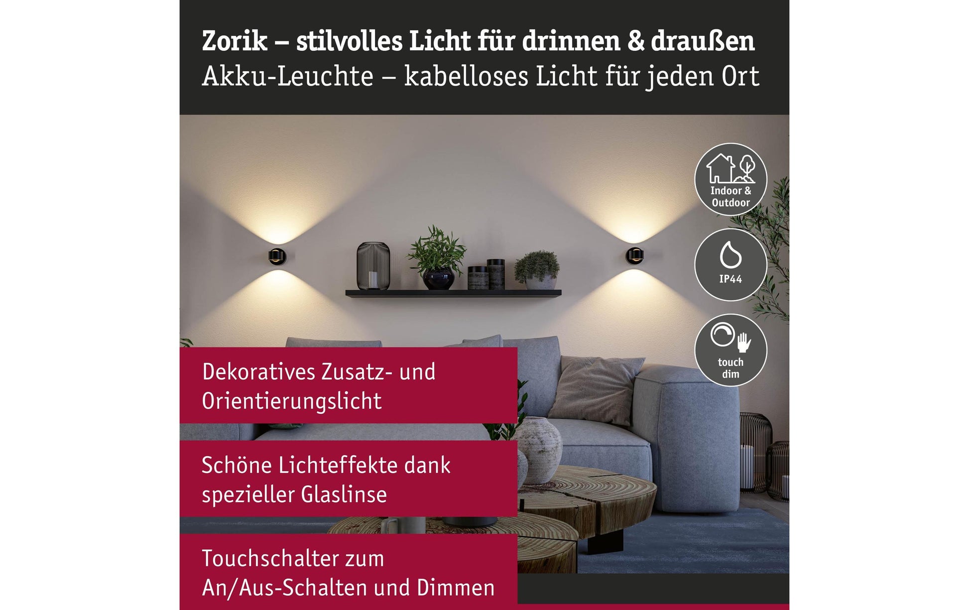 Paulmann Wandleuchte Zorik – Ø 10 × 10 cm, 220 lm, 2,2 W, 2700 K, dimmbar, IP44, schwarz, Akku