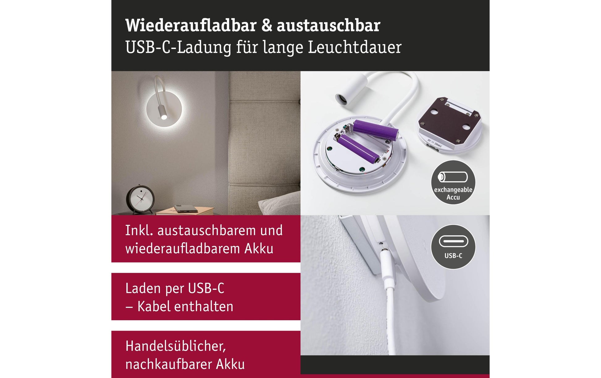 Paulmann Akku-Wandleuchte Miora – 160 lm, 2700 K, Akku, Touch-Dimmer – Weiss