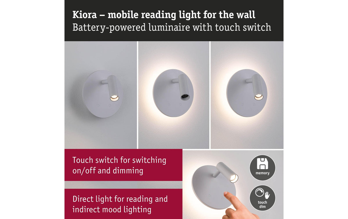 Paulmann Wandleuchte Kiora – 347 lm, 1,3 W, 2700 K, dimmbar (Touch), weiss, Akku, Magnet, inkl. Ladekabel