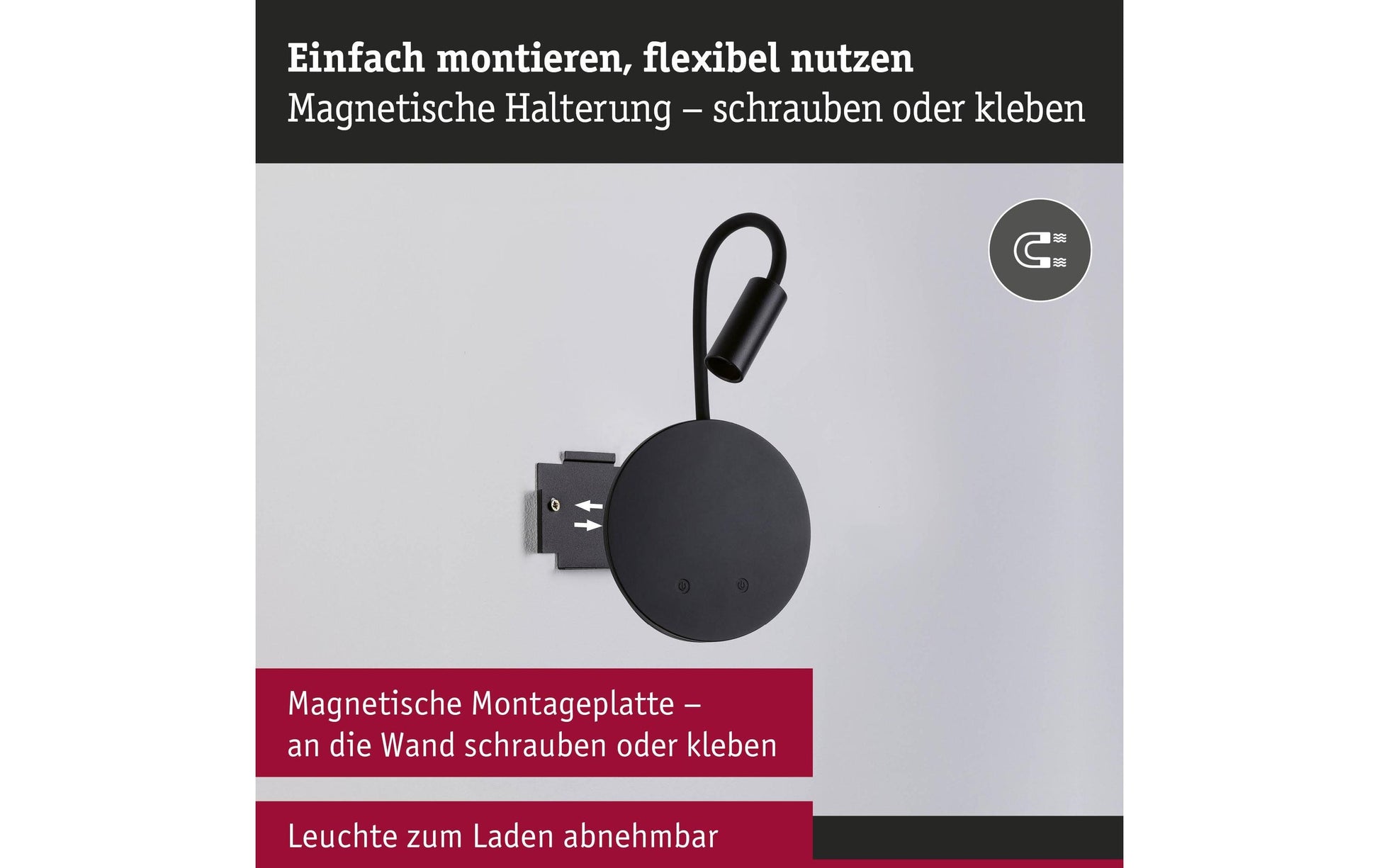 Paulmann LED Akkuwandleuchte Miora – Ø 14 × 20 cm, 160 lm, 1,3 W, 2700 K, dimmbar, schwarz, Magnet