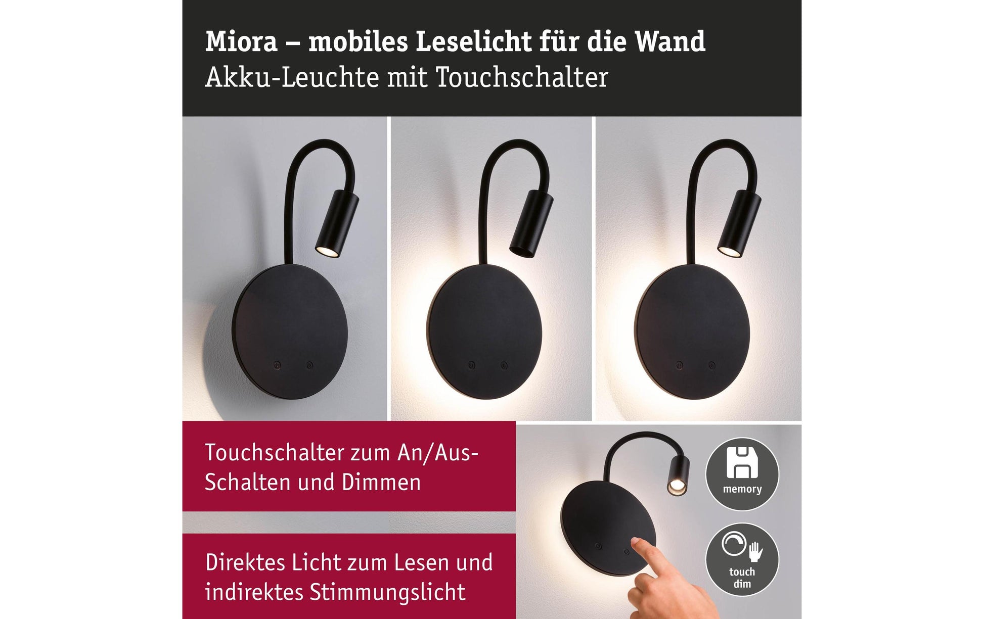 Paulmann LED Akkuwandleuchte Miora – Ø 14 × 20 cm, 160 lm, 1,3 W, 2700 K, dimmbar, schwarz, Magnet