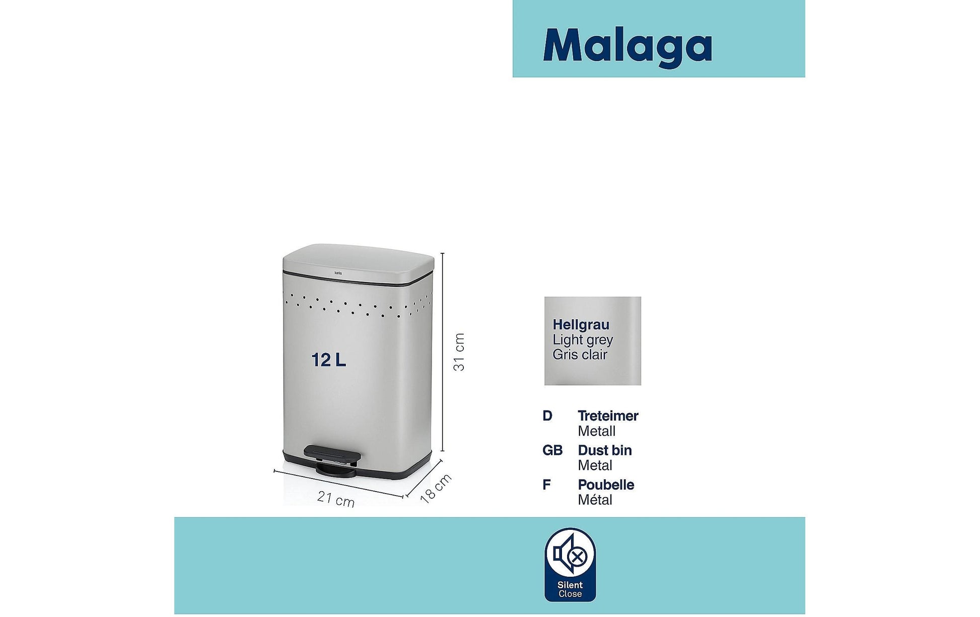 Kela Kosmetikeimer Malaga – 5 l – Metall, rechteckig – Hellgrau