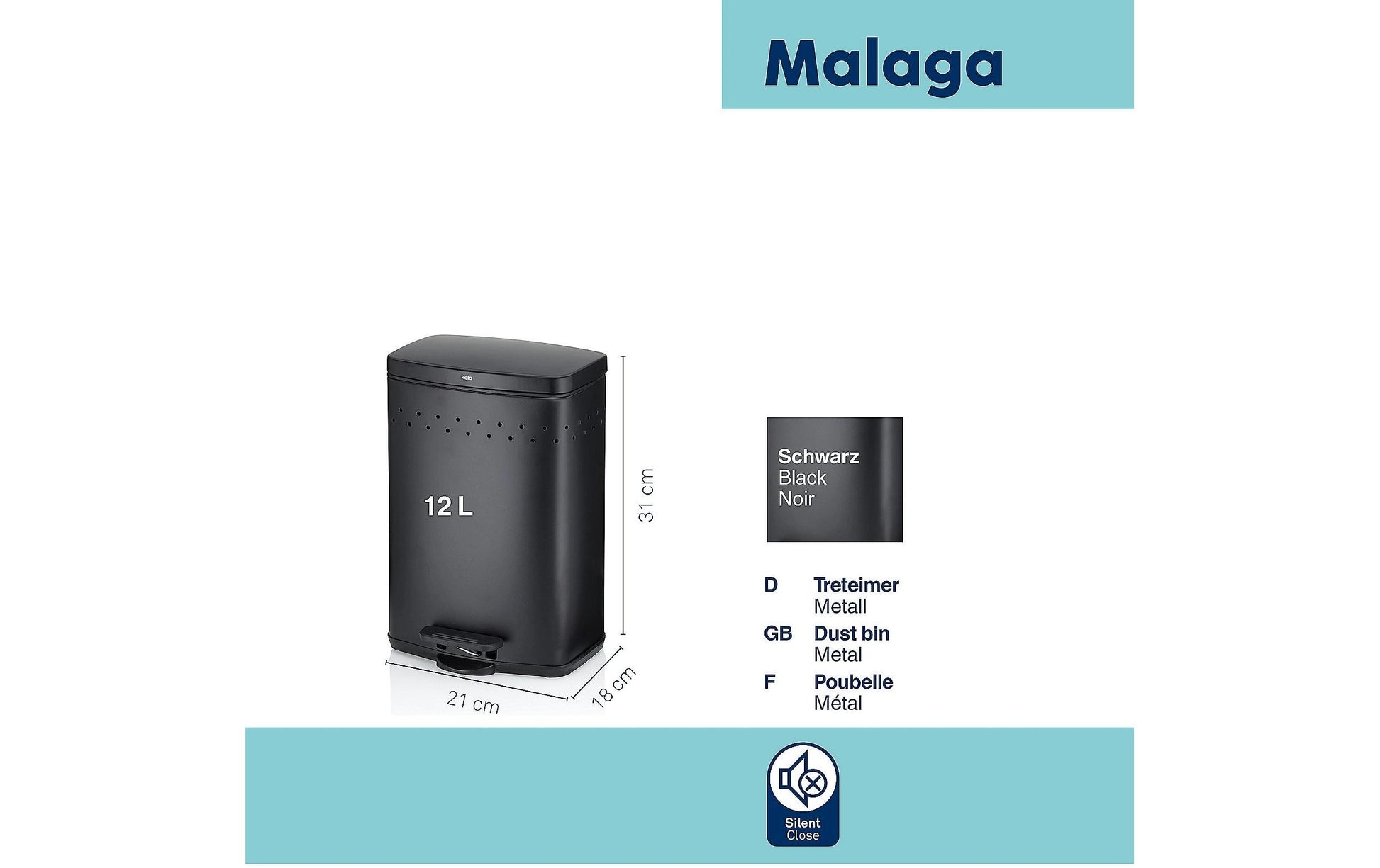 Kela Kosmetikeimer Malaga – 5 l – Metall, rechteckig – schwarz