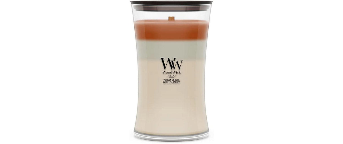 WoodWick Duftkerze – Holz, Patchouli, Rauchig, Safran, Vanille – Ø 10 × 18 cm