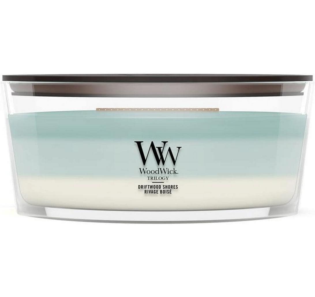 WoodWick Duftkerze – Frisch, Holz, Kräuter, Meersalz – Ø 19 × 9 cm – Glas & Sojawachs & Holz