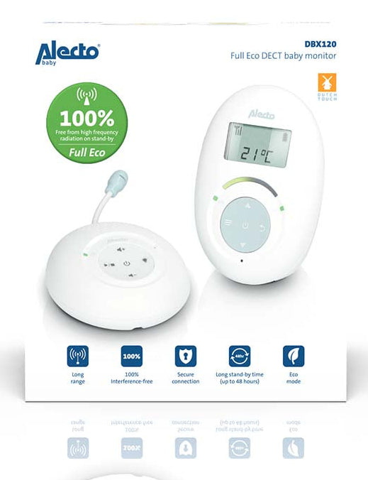 Alecto Full ECO DBX120 Babyphone – DECT, 2-Wege-Audio, Display, Temperatur, Reichweite 50 m/300 m, Akku