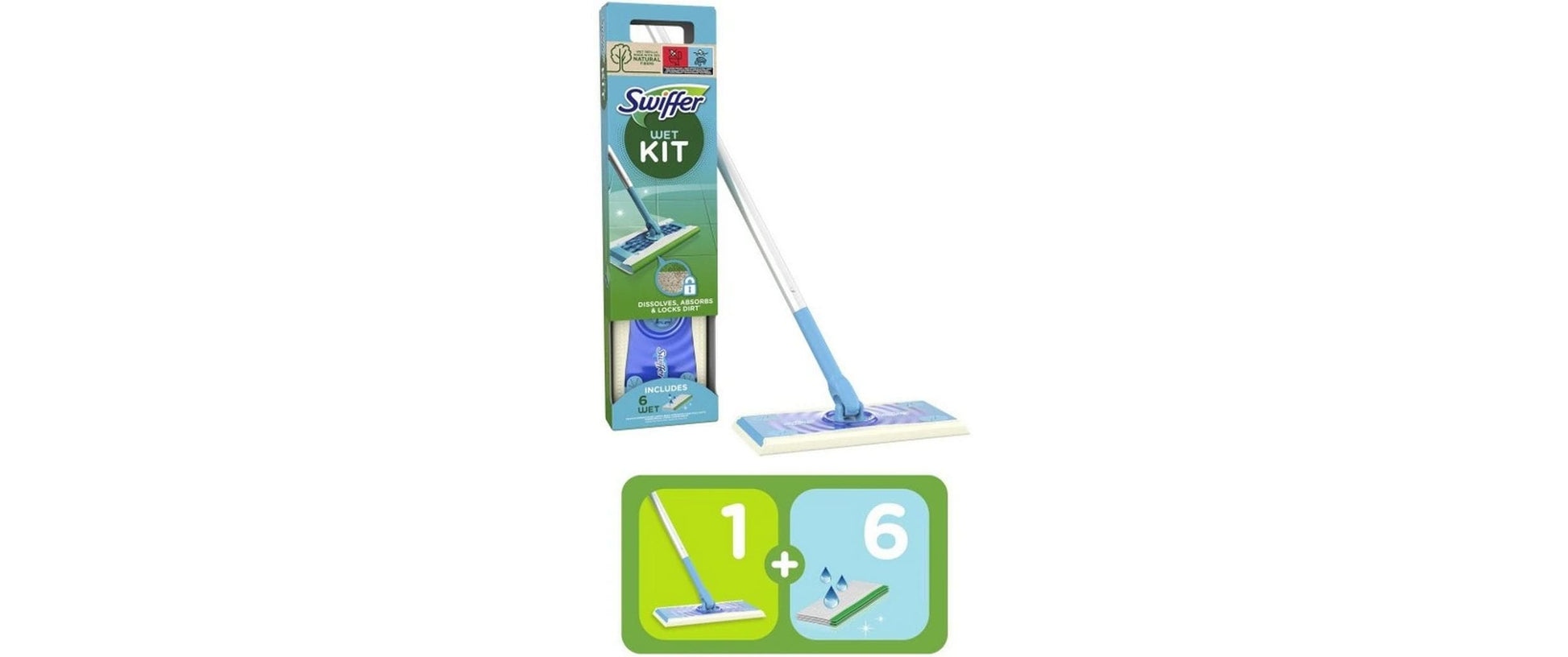 Swiffer Flachwischer – 50 cm Wischbreite, Blau/Weiss, 1 Wischer, 6 Feuchttücher