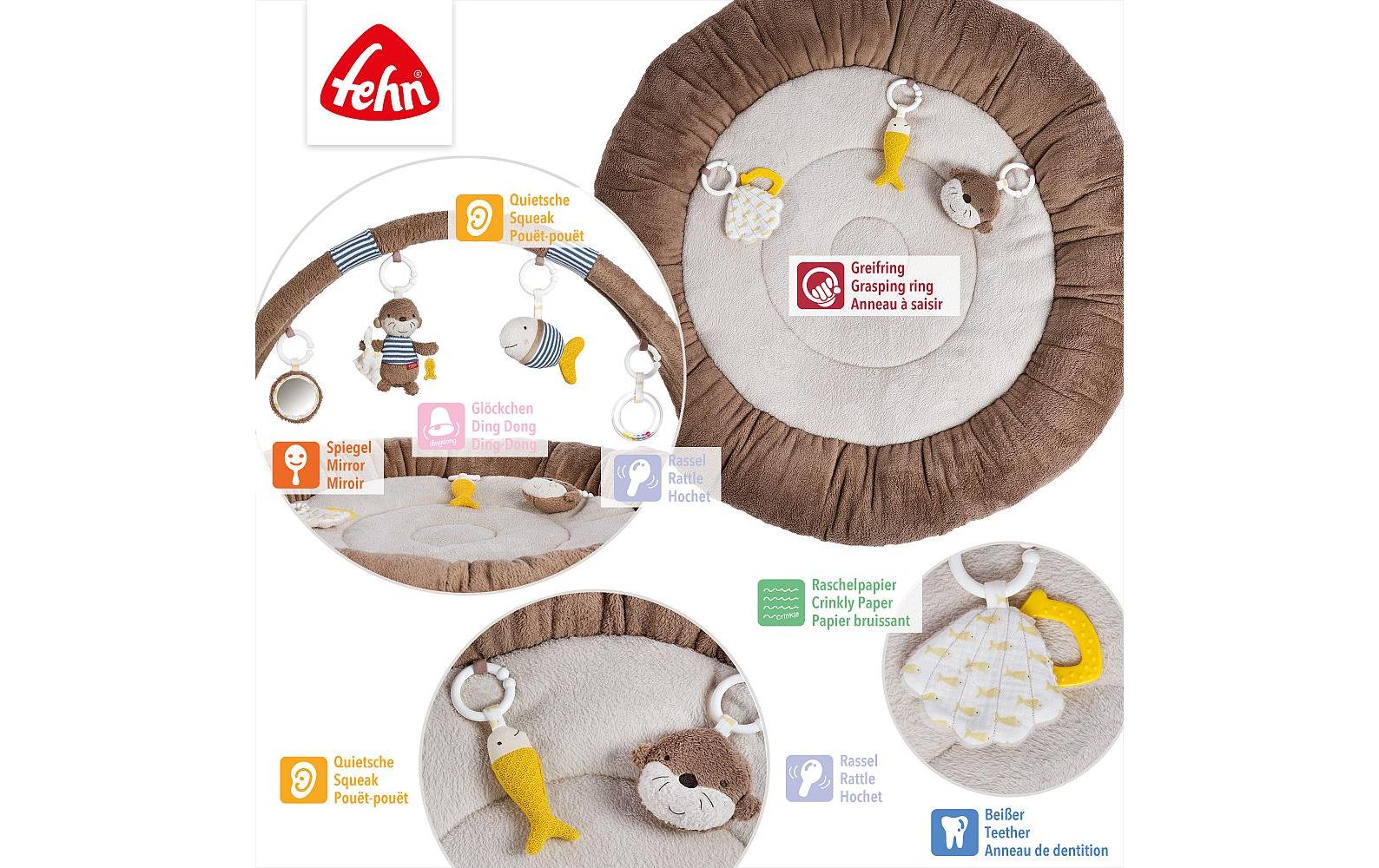 Fehn Krabbeldecke mit Spielbogen Otter – 8-teilig – 87 × 51 × 49 cm – Plüsch/Textil, mehrfarbig
