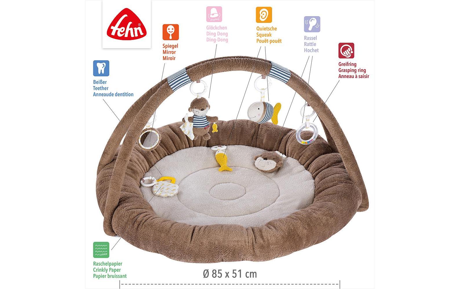 Fehn Krabbeldecke mit Spielbogen Otter – 8-teilig – 87 × 51 × 49 cm – Plüsch/Textil, mehrfarbig