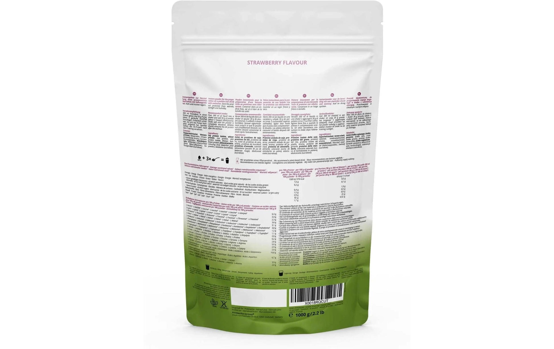Nutri+ Veganes Mehrkomponenten-Proteinpulver Erdbeere – vegan, laktosefrei – 1 kg