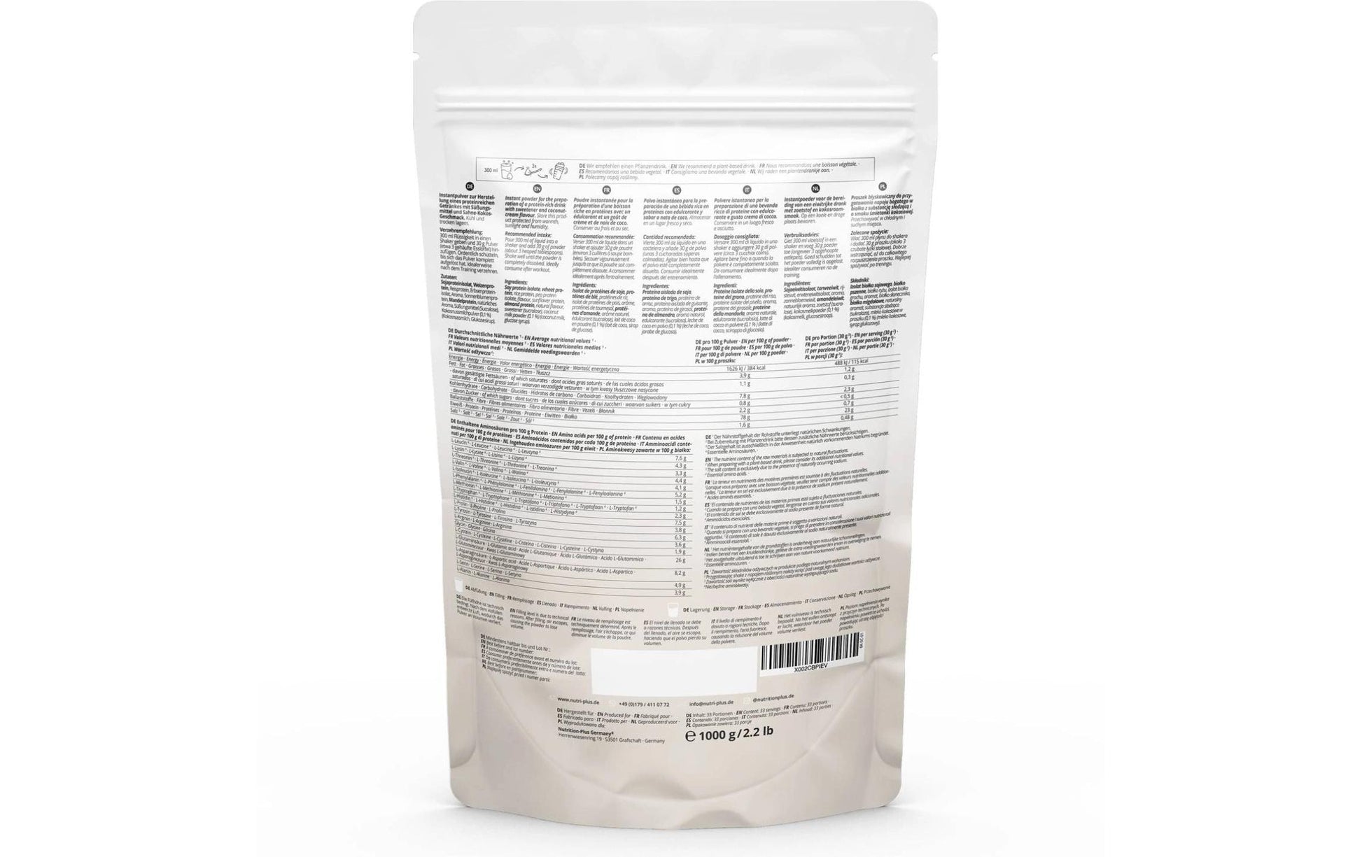 Nutri+ Pflanzliches Eiweisspulver Kokos – Vegan, Laktosefrei – 1 kg