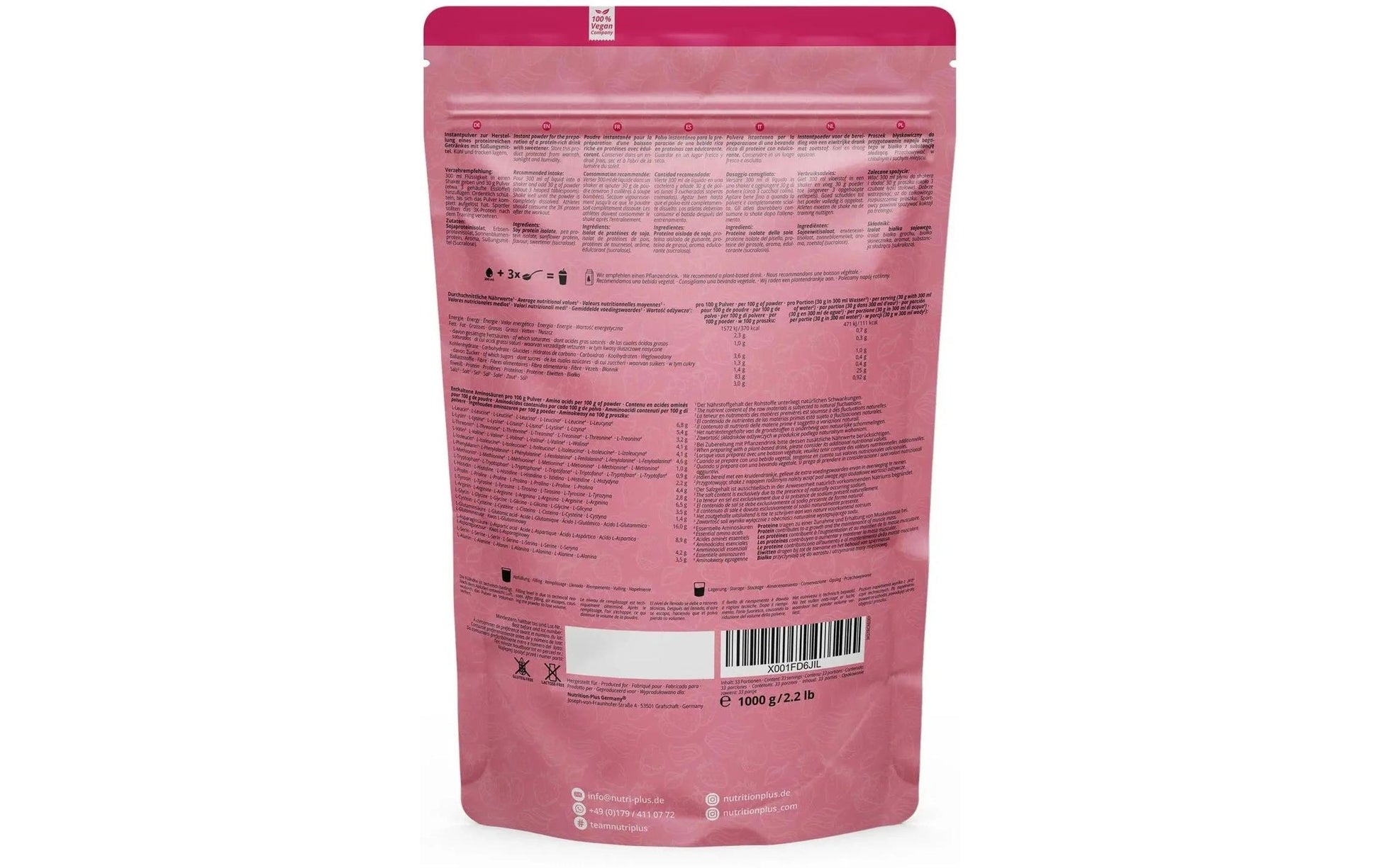 Nutri+ Pflanzliches Proteinpulver Erdbeere – glutenfrei, vegan – 1 kg