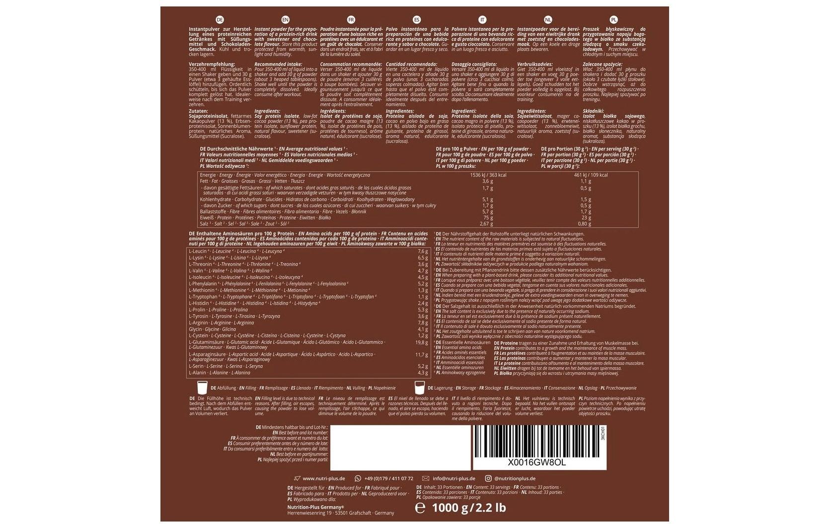 Nutri+ Vegan 3K Protein Eiweisspulver – Schokolade, Vegan, Glutenfrei – 1 kg