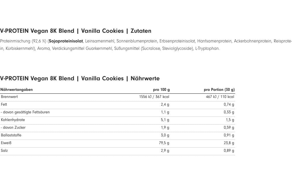 Profuel Pflanzliches Eiweisspulver V-Protein 8K Blend Vanille Cookie – glutenfrei, vegan – 750 g
